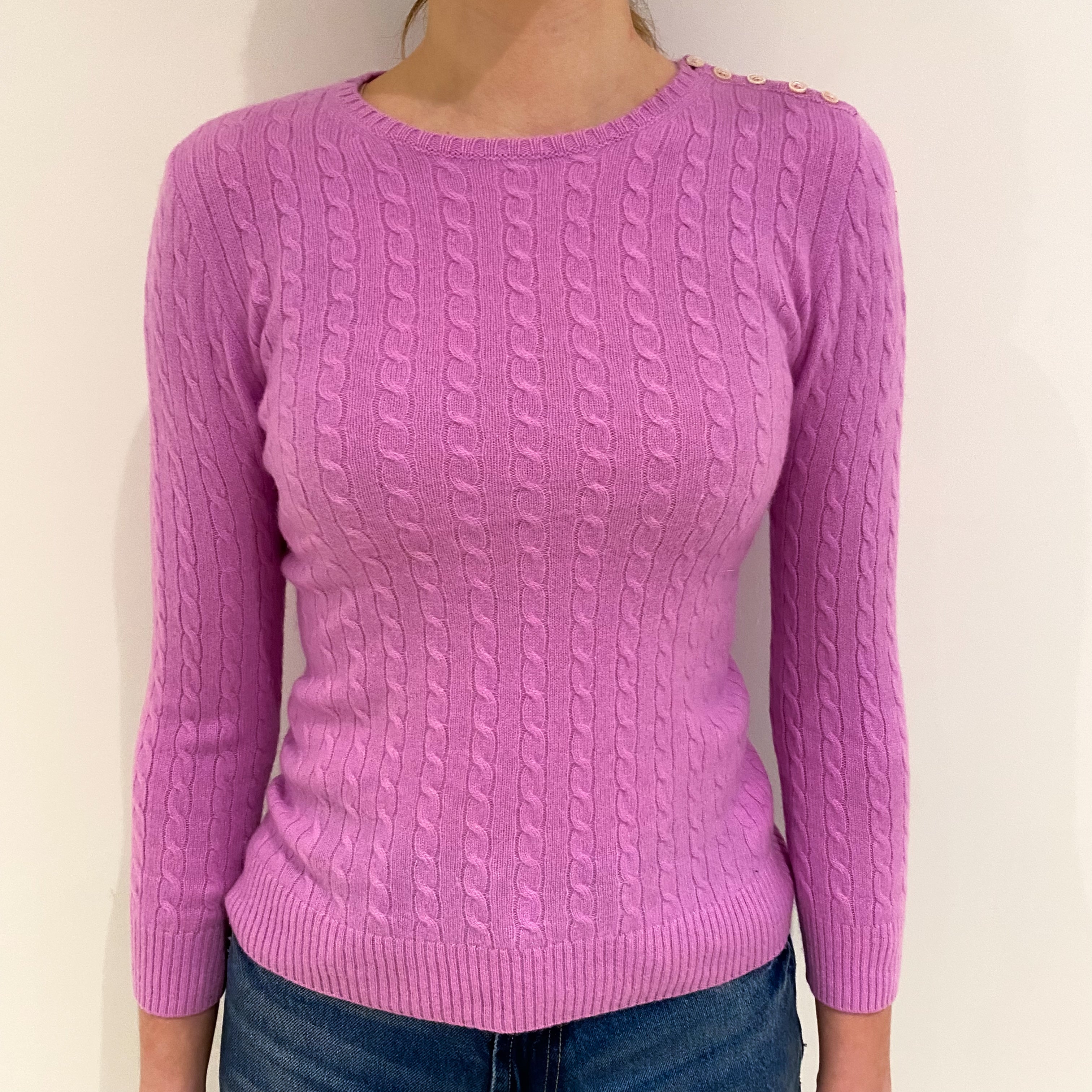 Deep Mauve Pink Cable Cashmere Crew Neck Jumper Extra Small