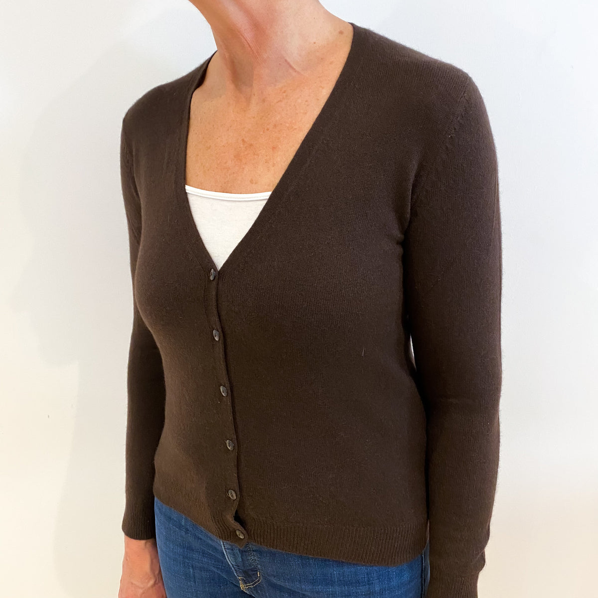 Chocolate Brown Cashmere V Neck Cardigan Medium