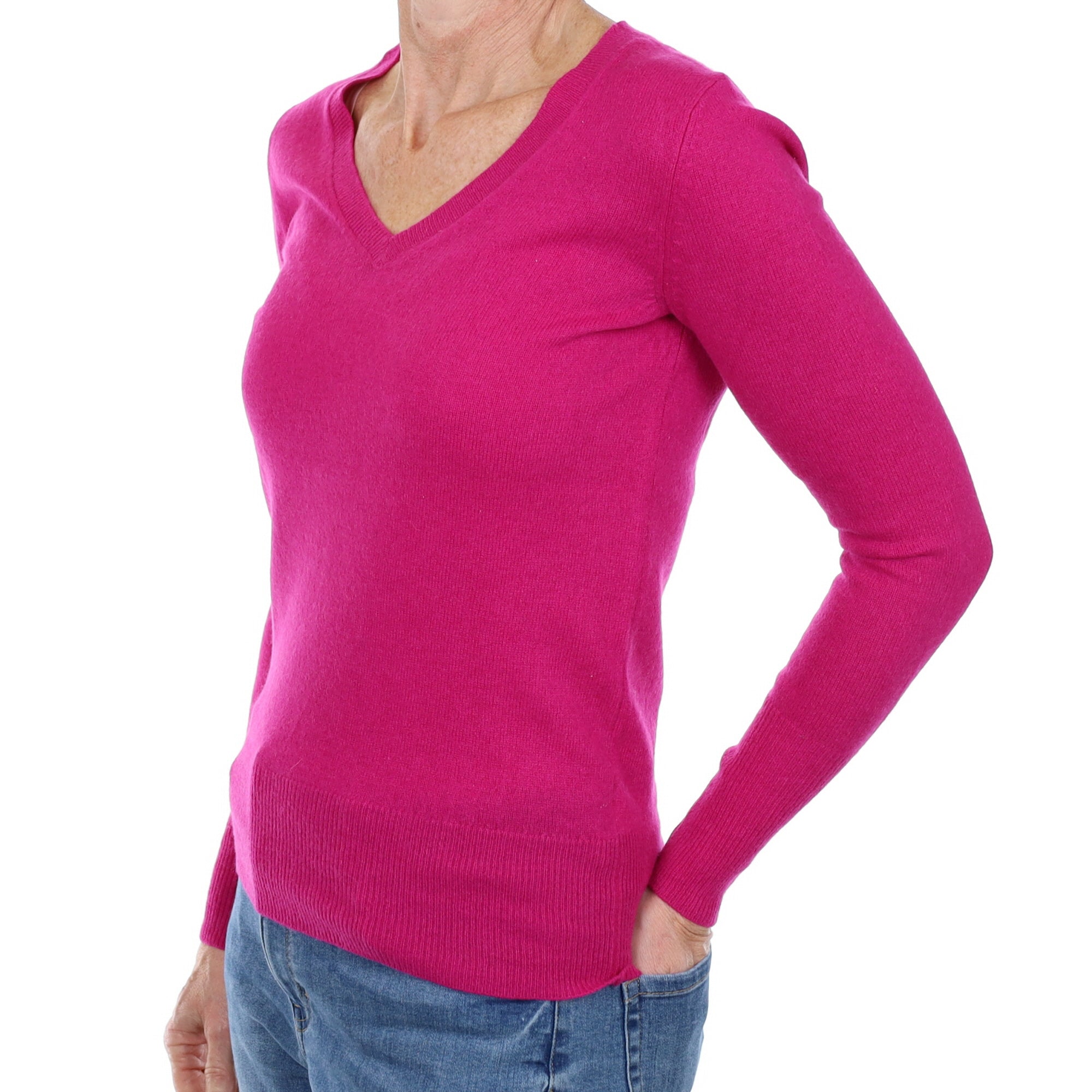 Magenta Pink Cashmere V Neck Jumper Small