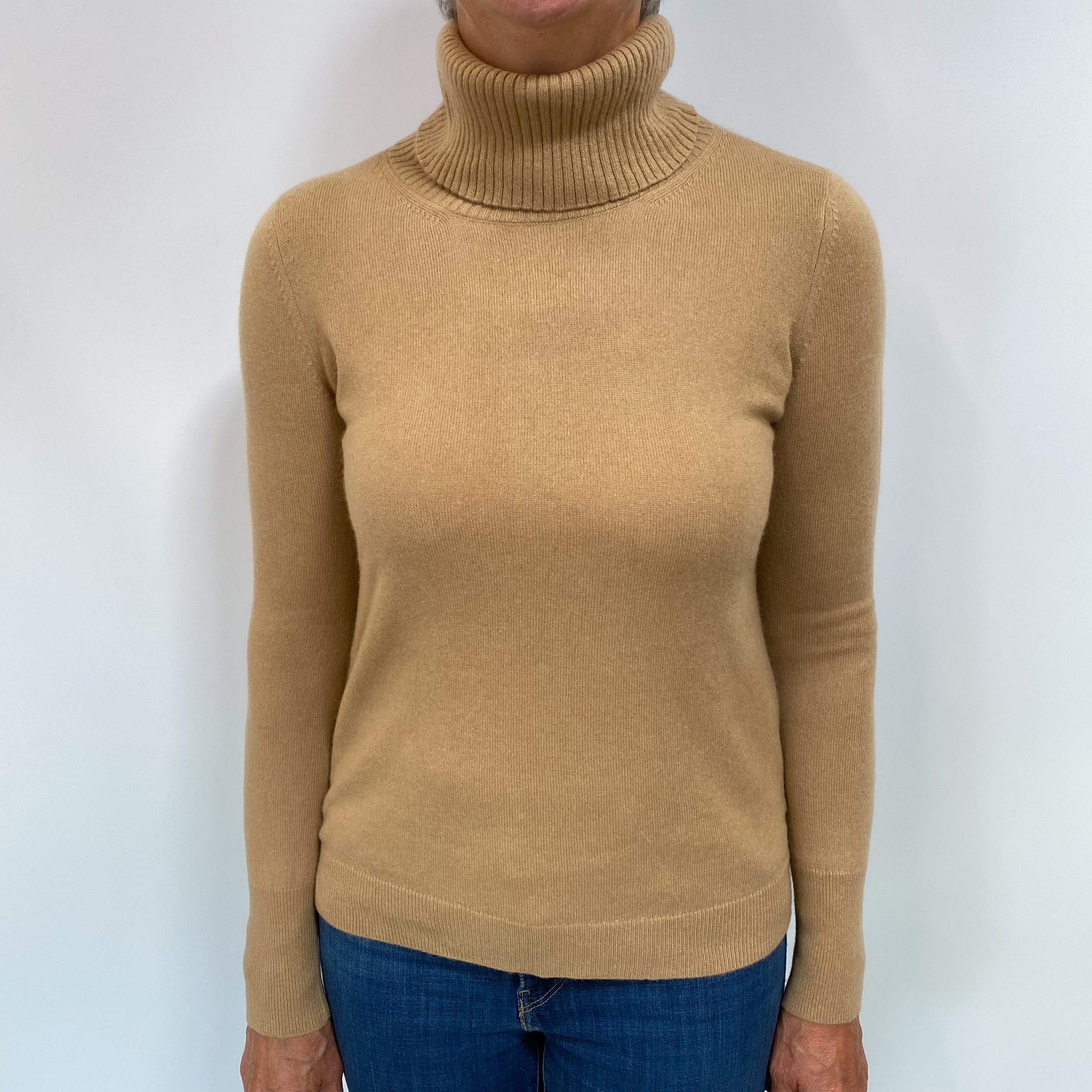 Camel Brown Cashmere Polo Neck Jumper Medium