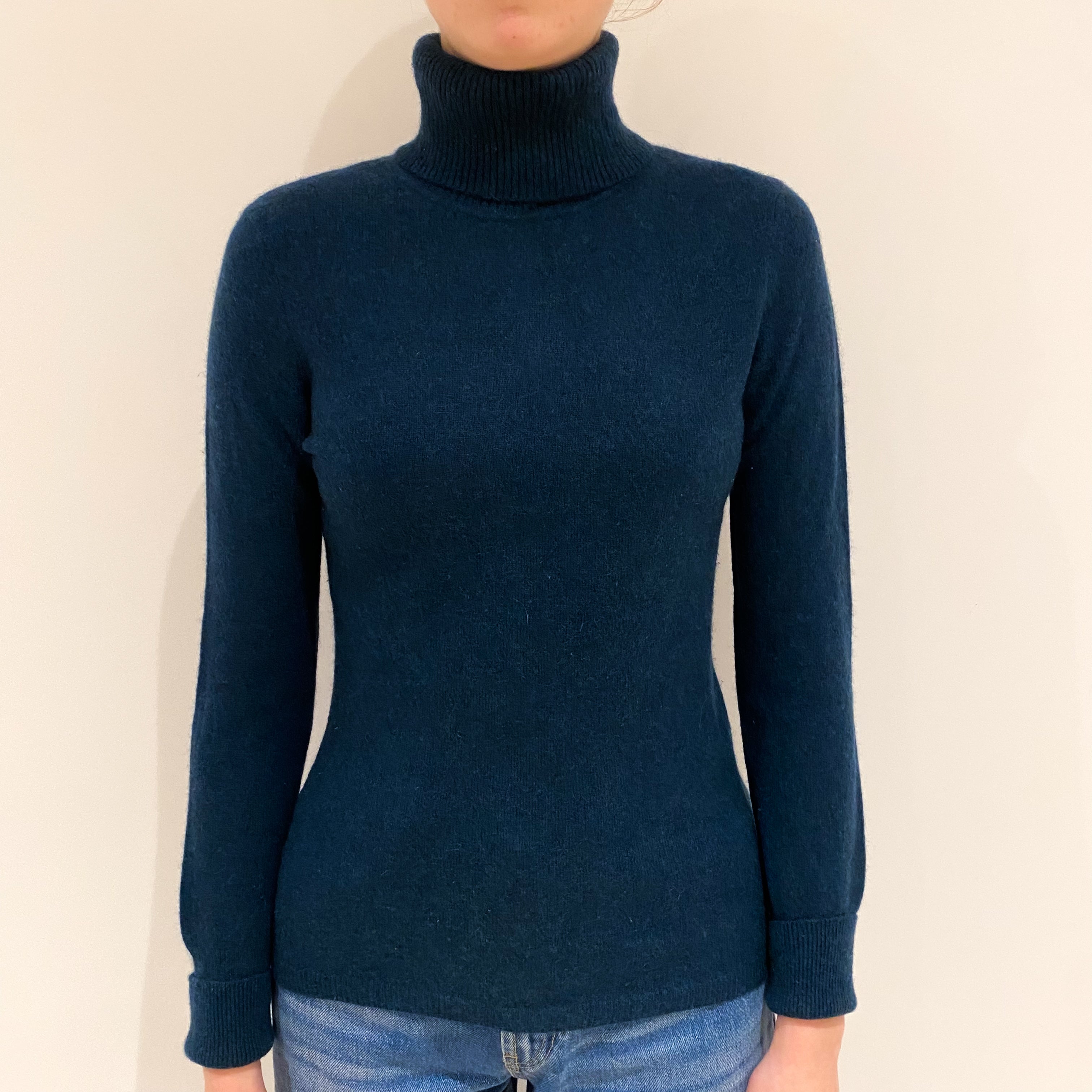 Dark Petrol Blue Cashmere Polo Neck Jumper Extra Small