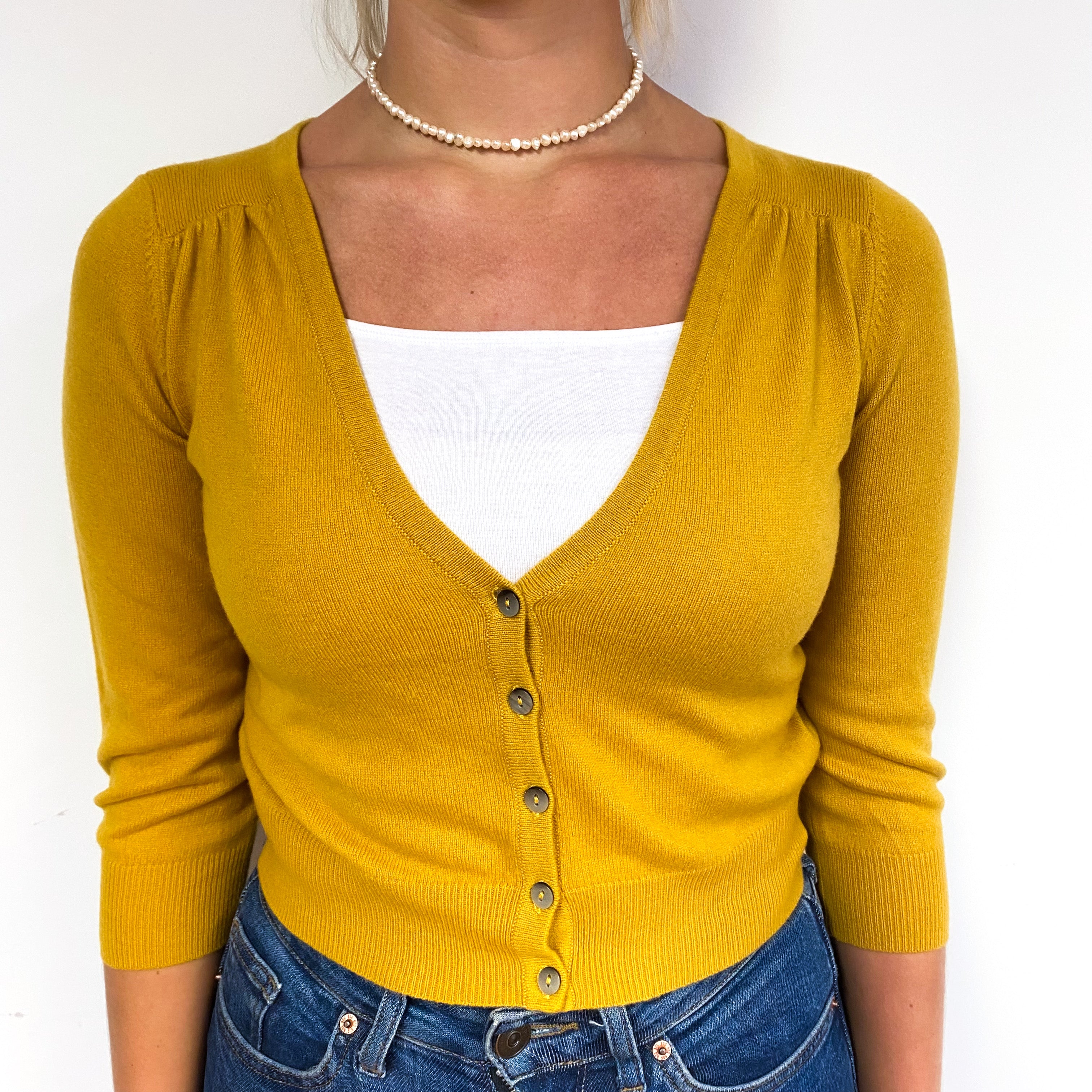Mustard Yellow Cropped Cashmere V-Neck Cardigan Small