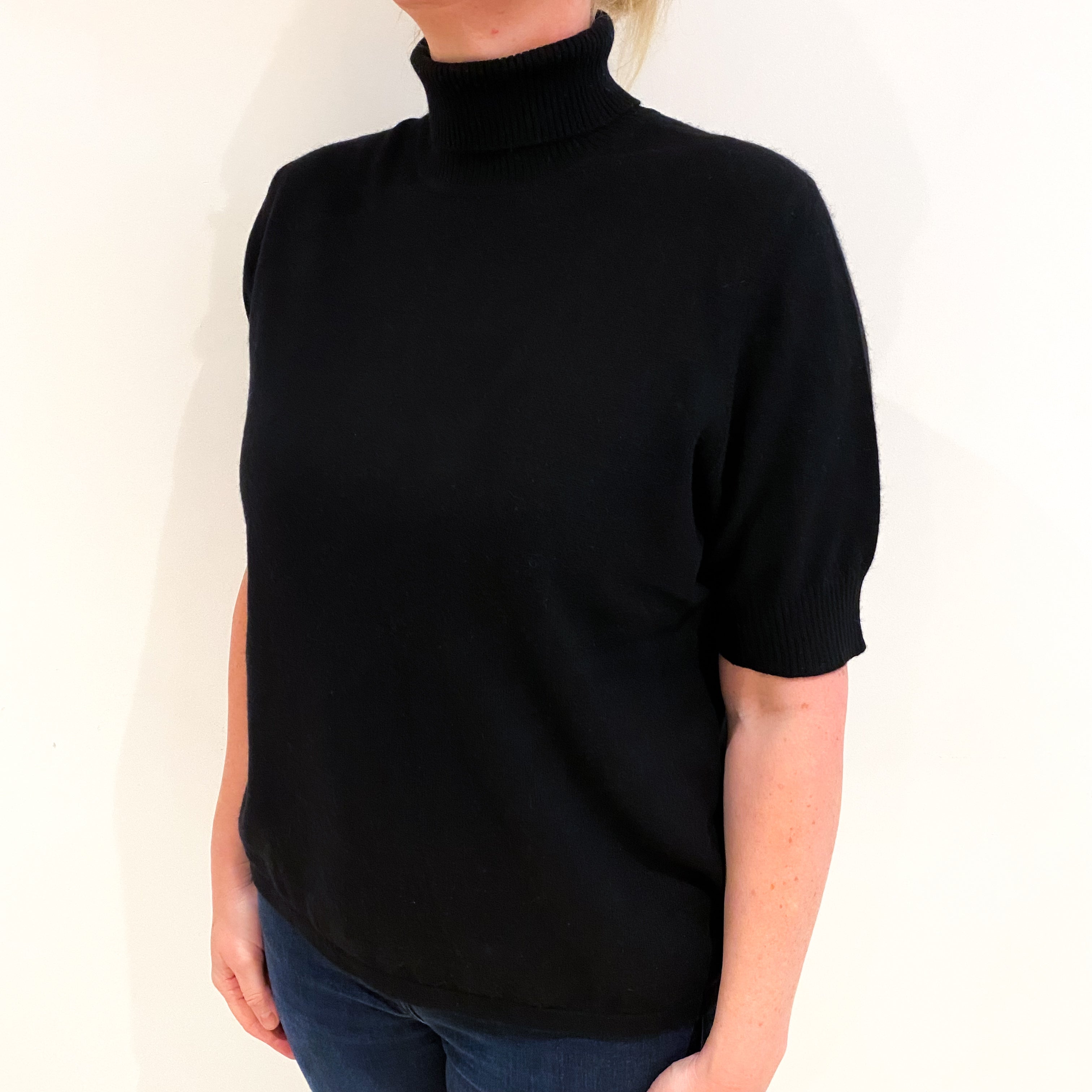 Black Cashmere Polo Neck Short Sleeved Jumper Large