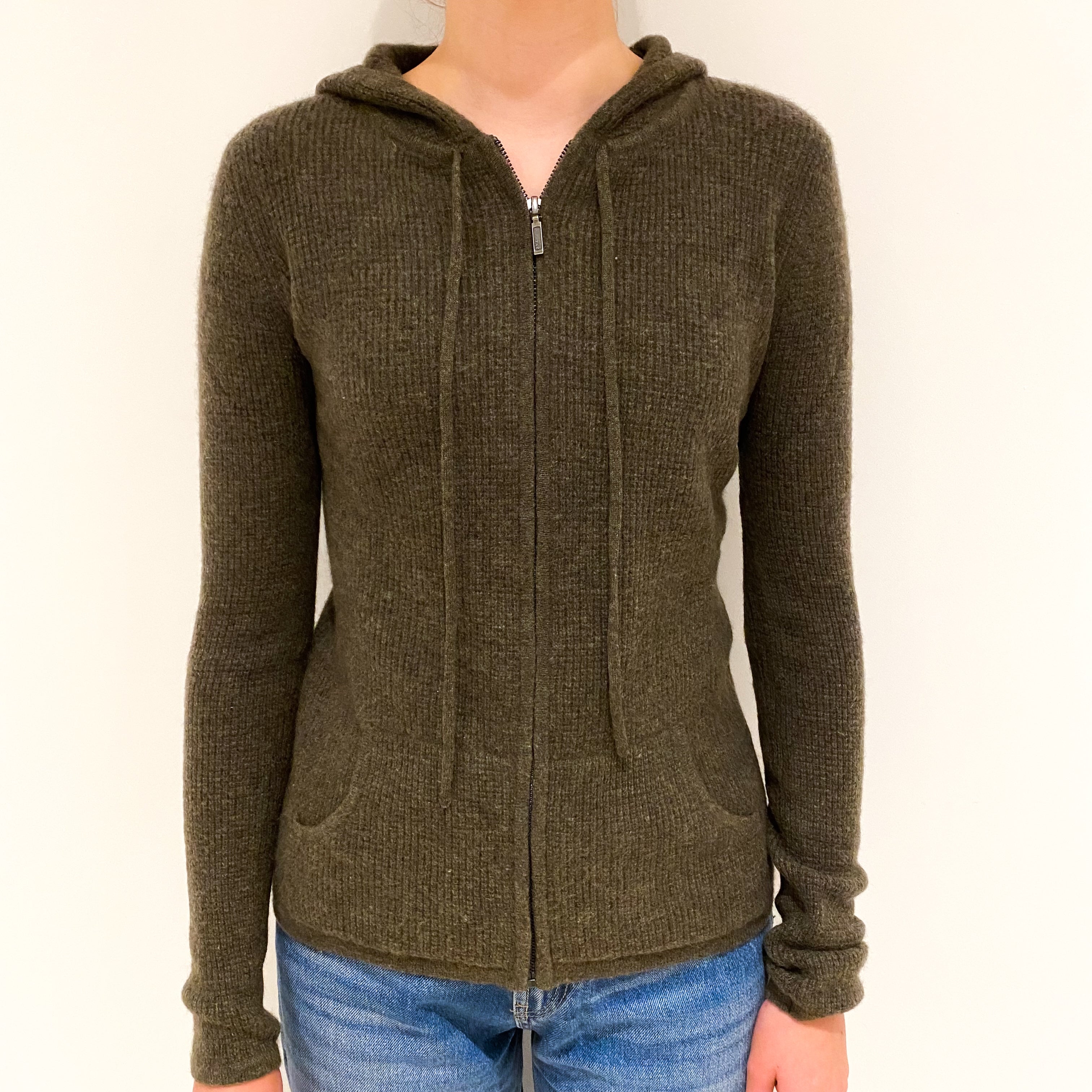 Khaki Green Cashmere Zipped Hoodie Extra Small