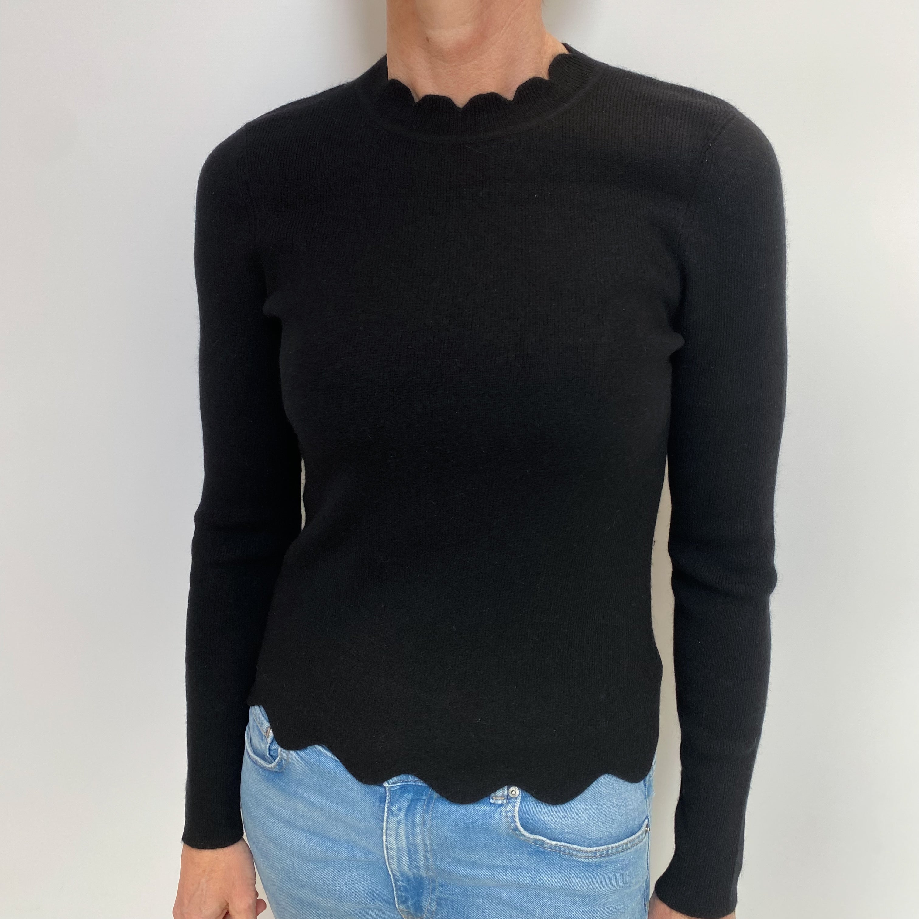 Black Cashmere Scalloped Edge Crew Neck Jumper Small
