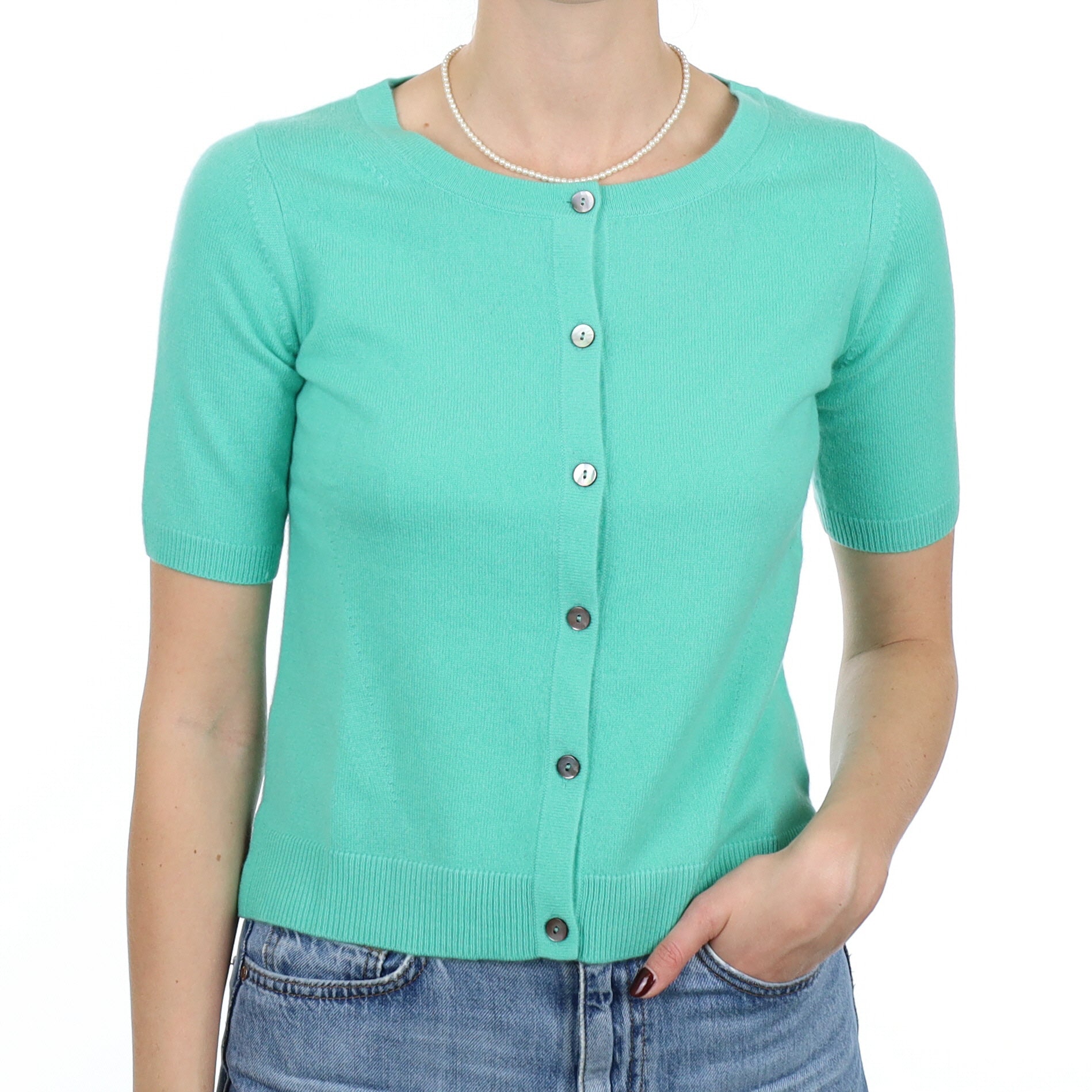 New Deep Mint Cashmere Short Sleeve Crew Neck Cardigan Small