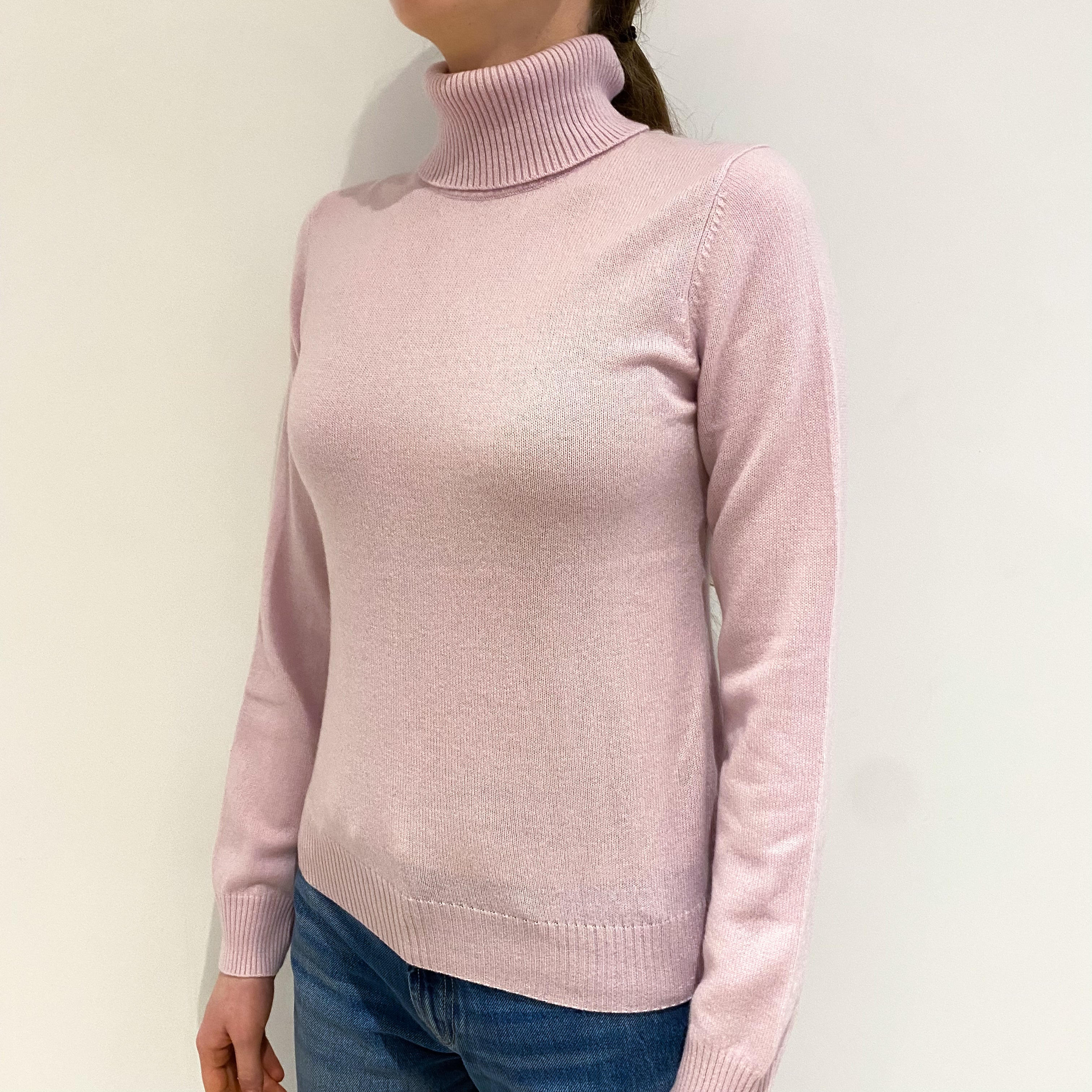 Pale Mauve Pink Cashmere Polo Neck Jumper Extra Small