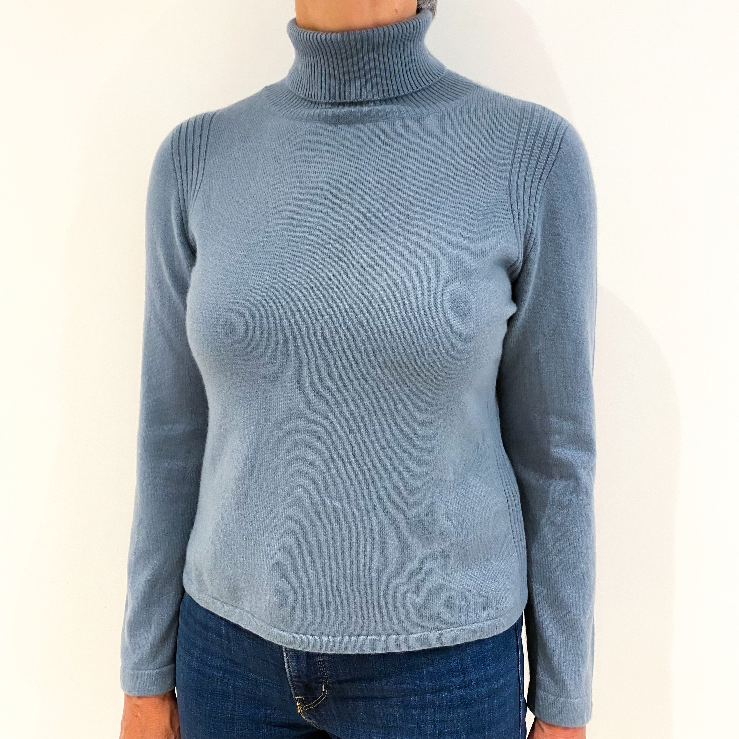 Dusky Blue Cashmere Polo Neck Jumper Medium