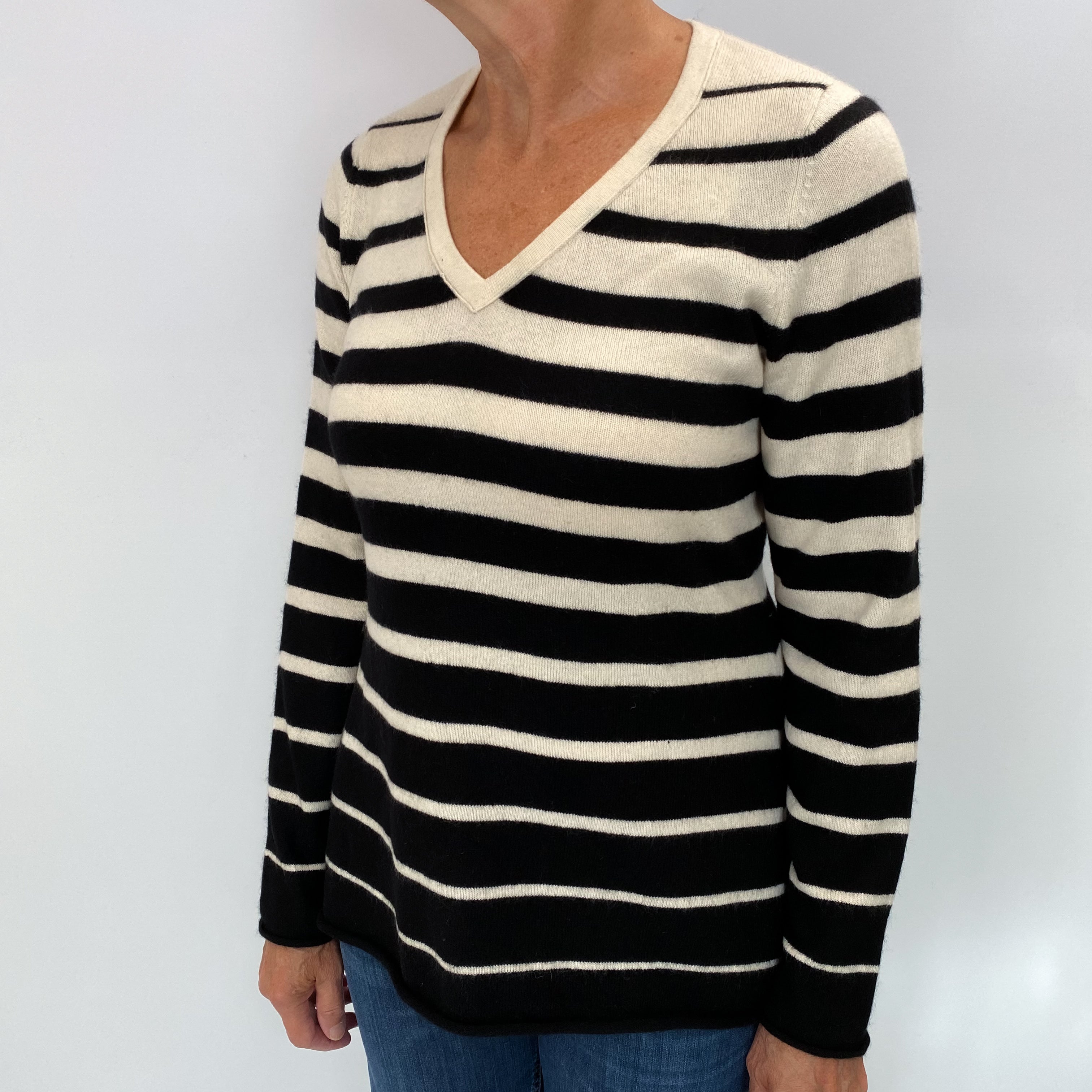 Black And Cream Striped Cashmere V Neck Jumper Medium