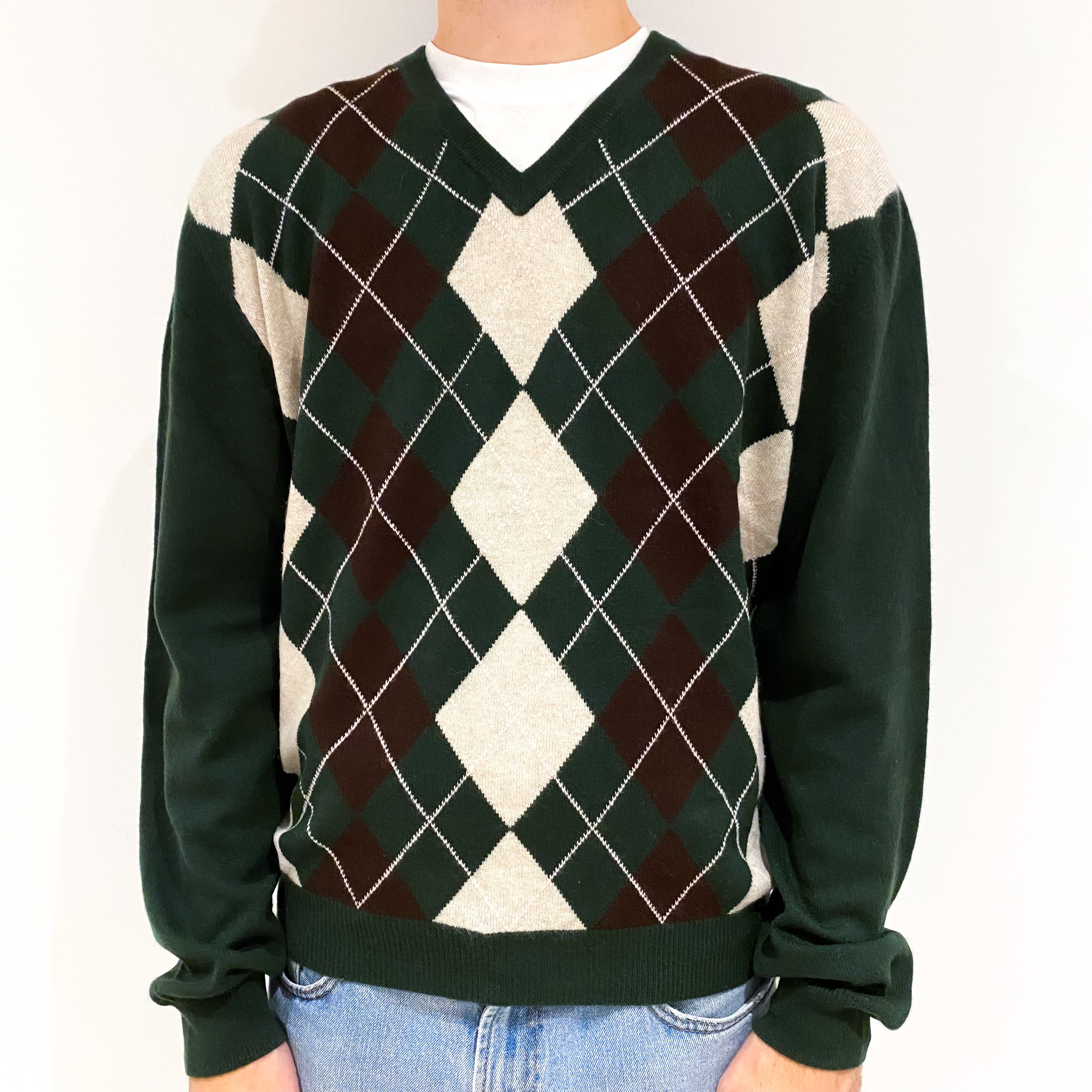 Men's Seaweed Green Argyle Patterned Cashmere V-Neck Jumper Large