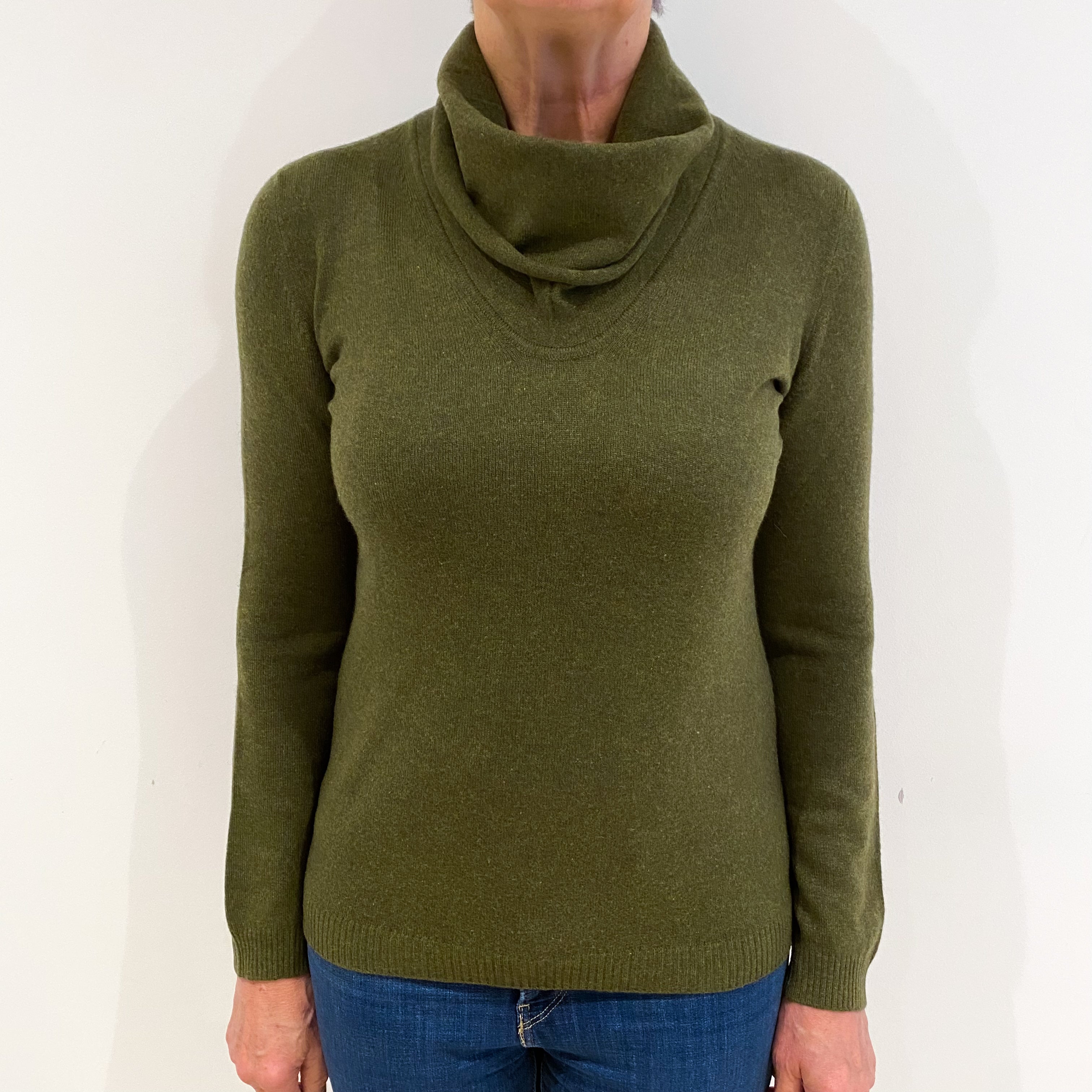 Deep Moss Green Cashmere Cowl Neck Jumper Medium