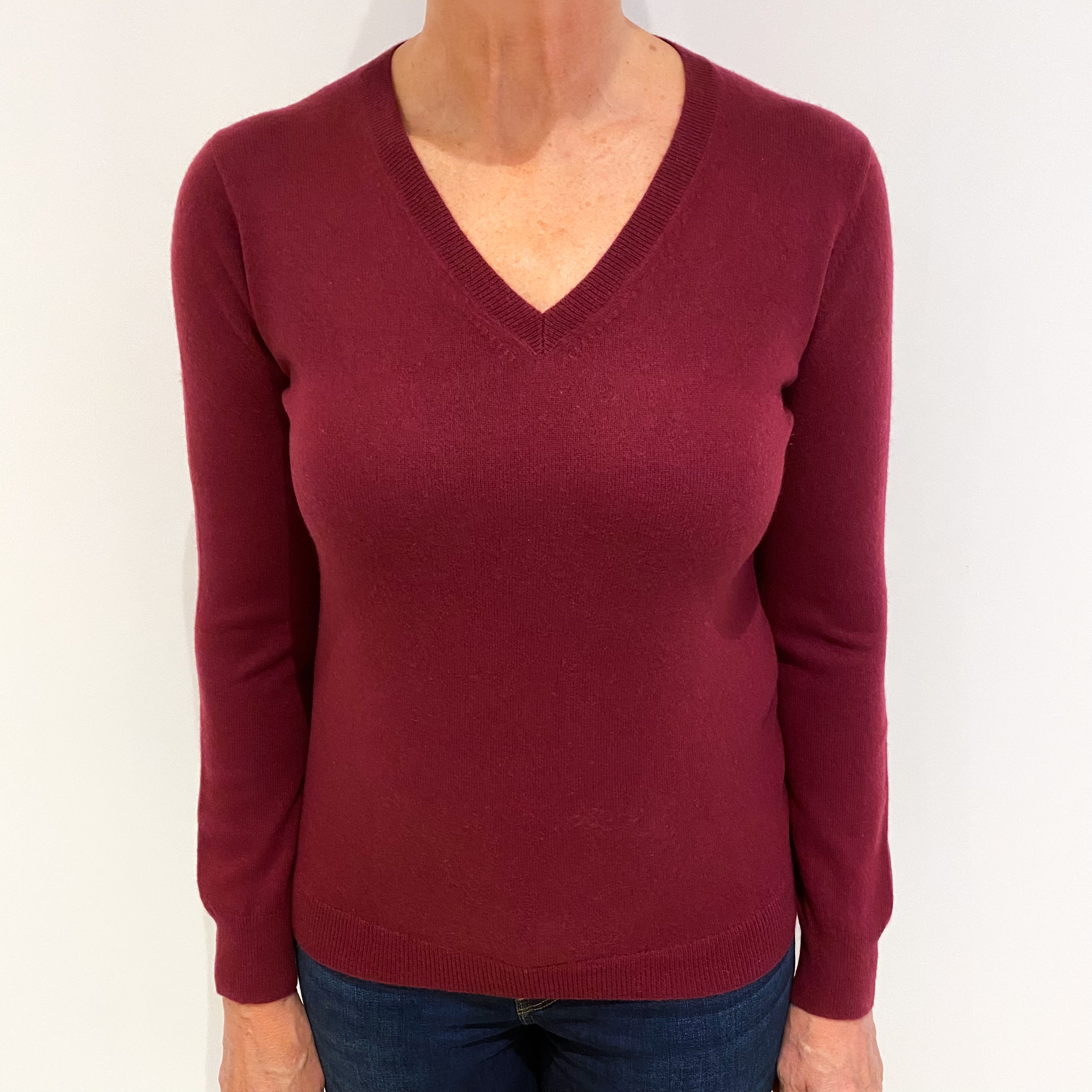 Maroon Red Cashmere V Neck Jumper Medium