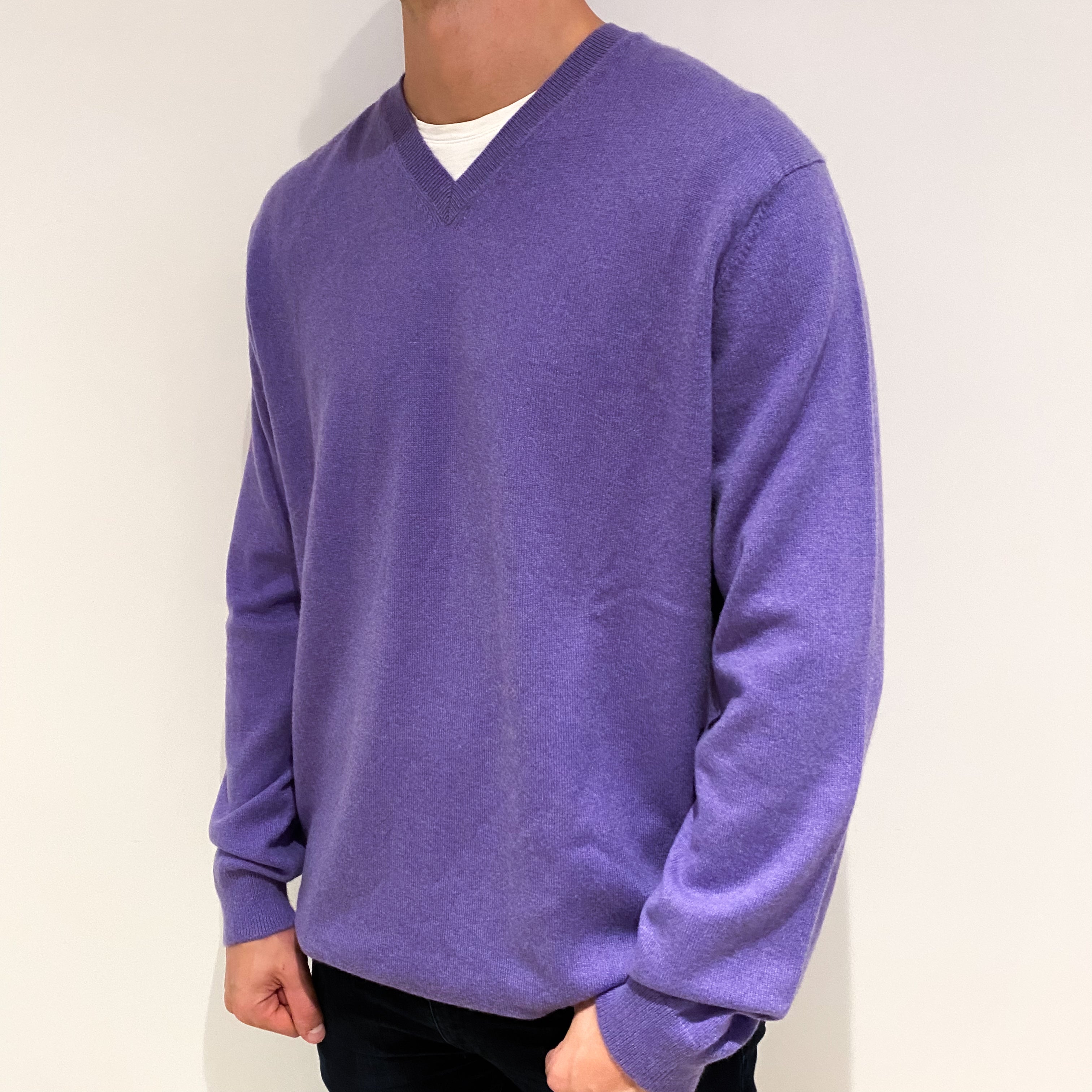 Men's Periwinkle Purple Cashmere V-Neck Jumper Extra Extra Large Tall