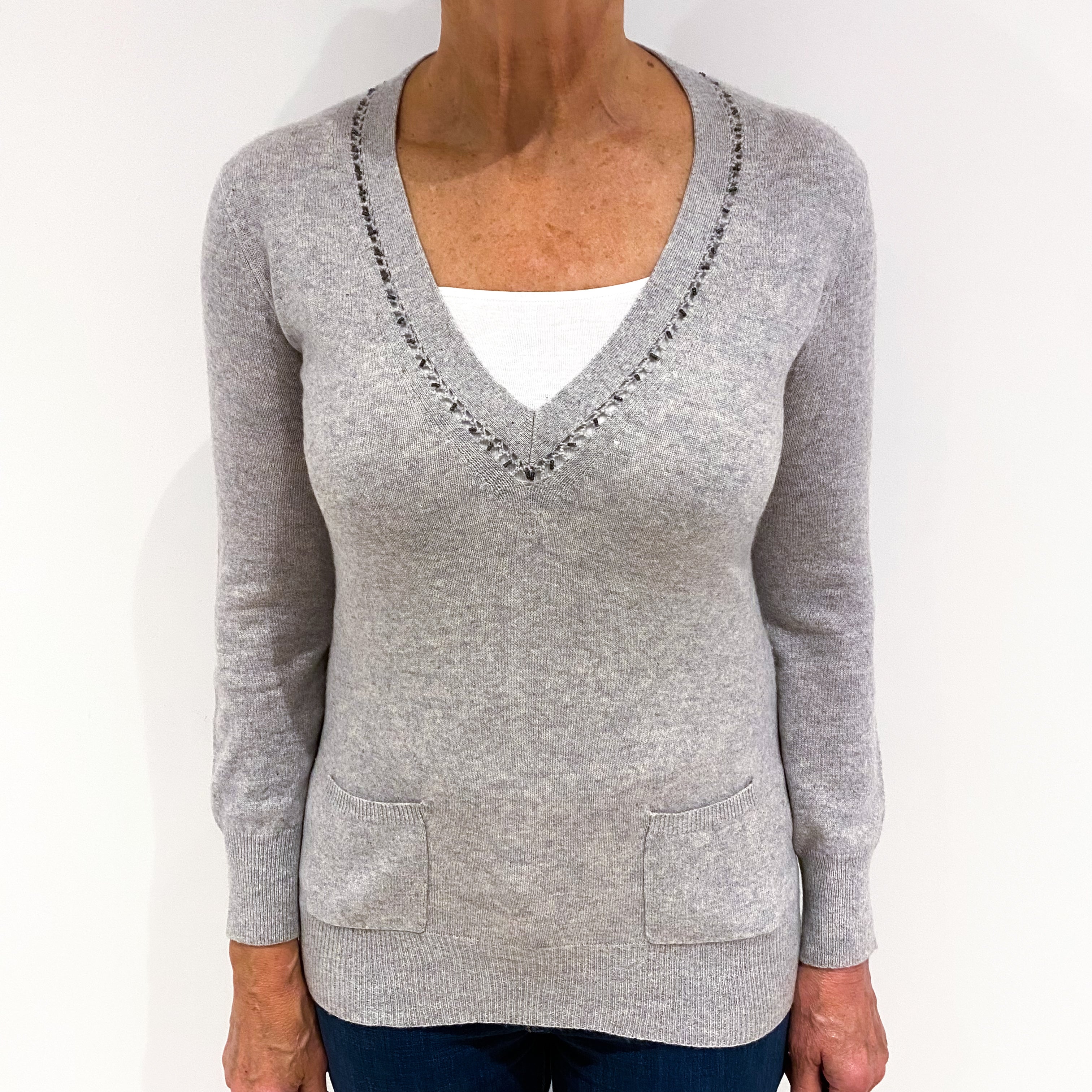 Ash Grey Cashmere V-Neck Jumper Medium