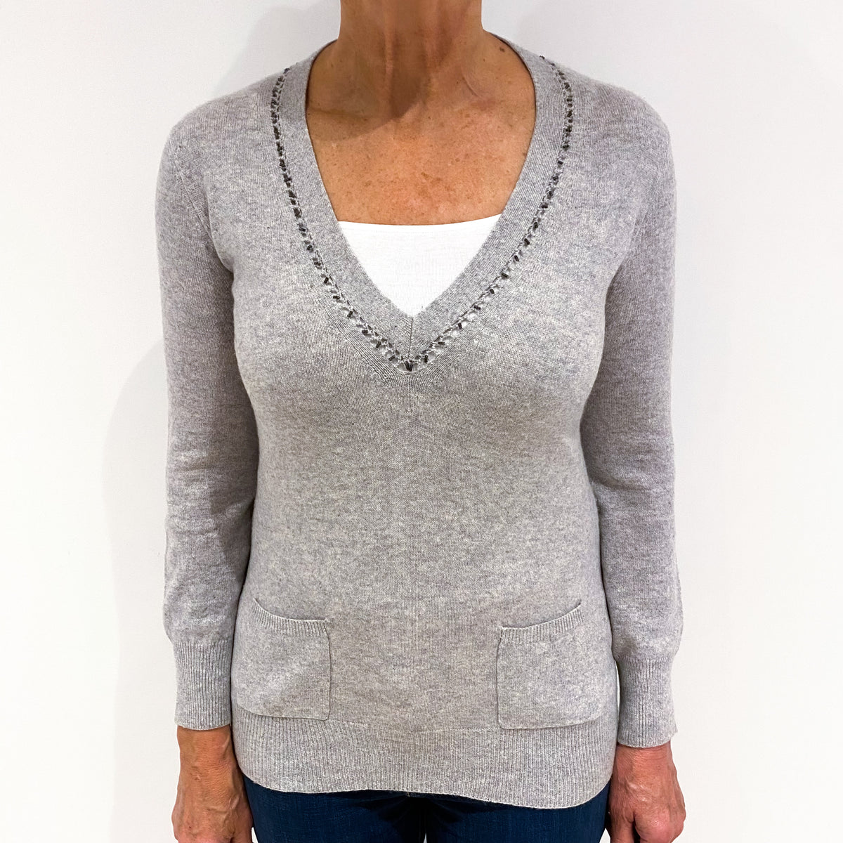 Ash Grey Cashmere V-Neck Jumper Medium