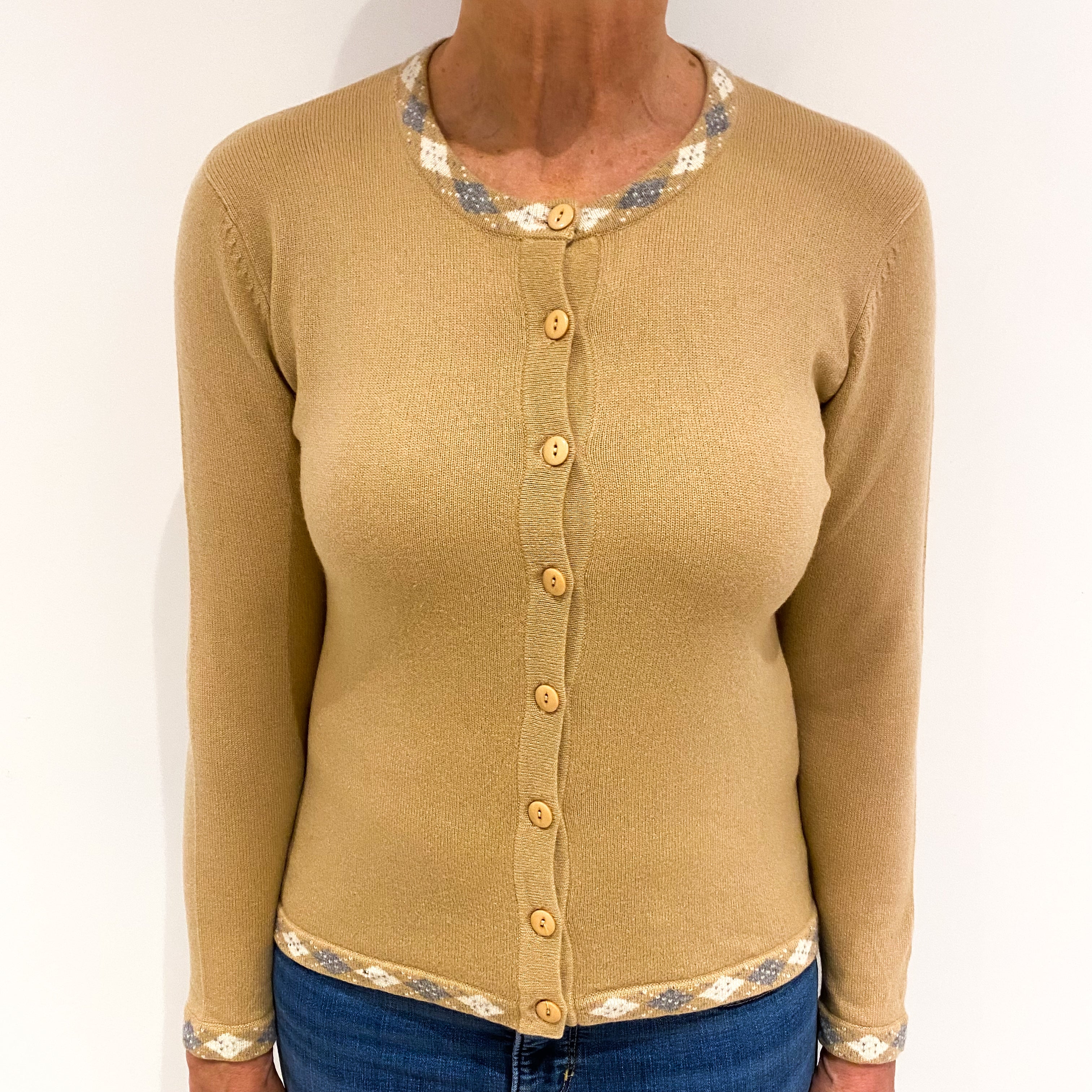 Camel Brown Diamond Trim Cashmere Crew Neck Cardigan Medium