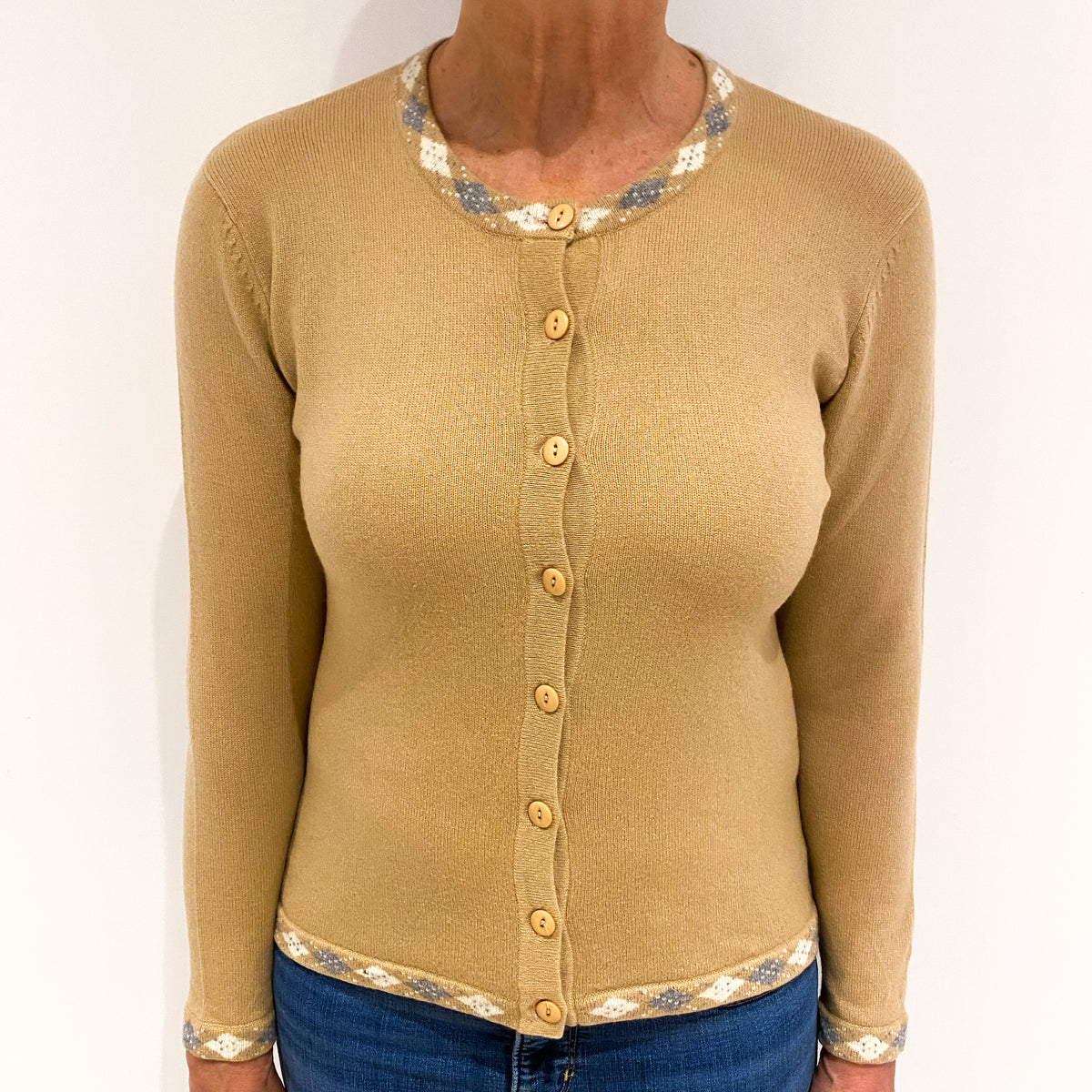 Camel Brown Diamond Trim Cashmere Crew Neck Cardigan Medium