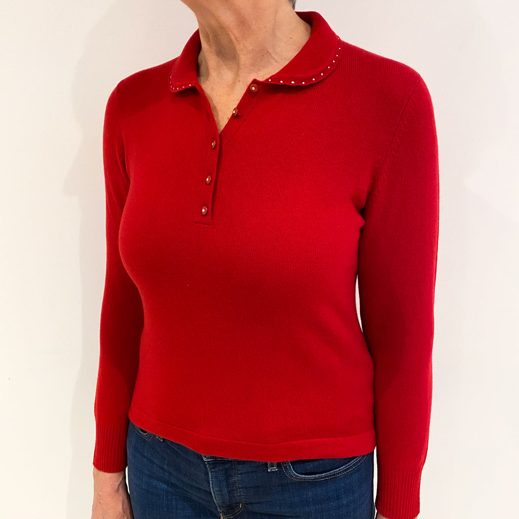 Berry Red Diamanté Cashmere 1/4 Button Jumper Medium