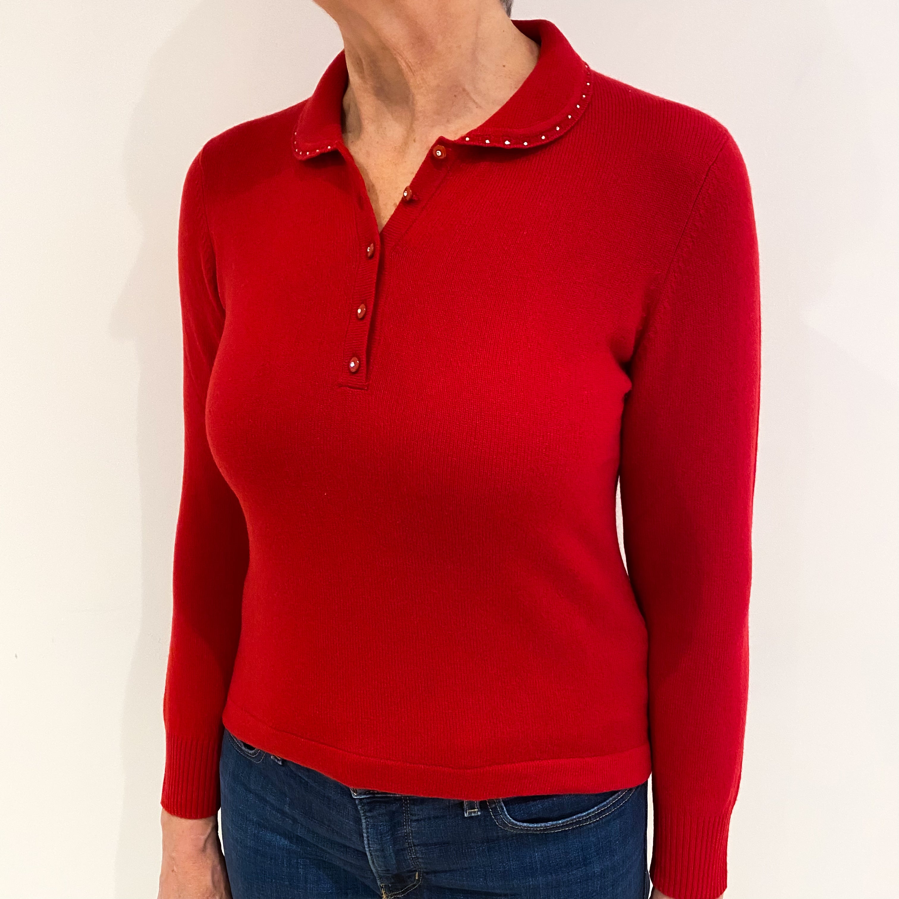 Berry Red Diamanté Cashmere 1/4 Button Jumper Medium