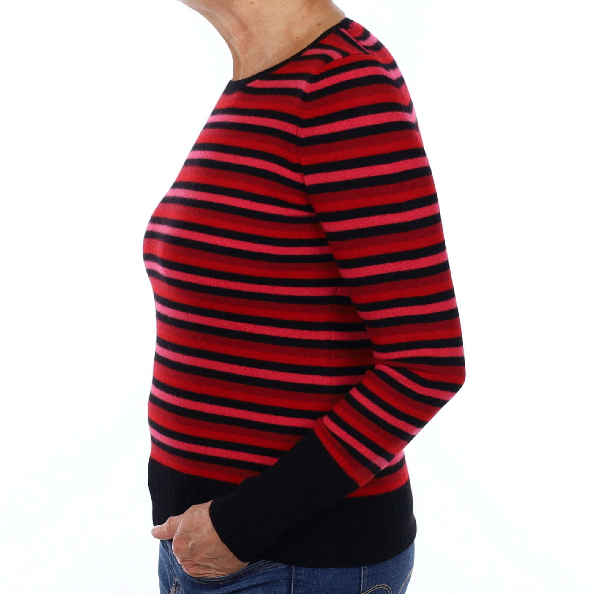 New Jaeger Black and Red Striped Cashmere Crew Neck Jumper Medium