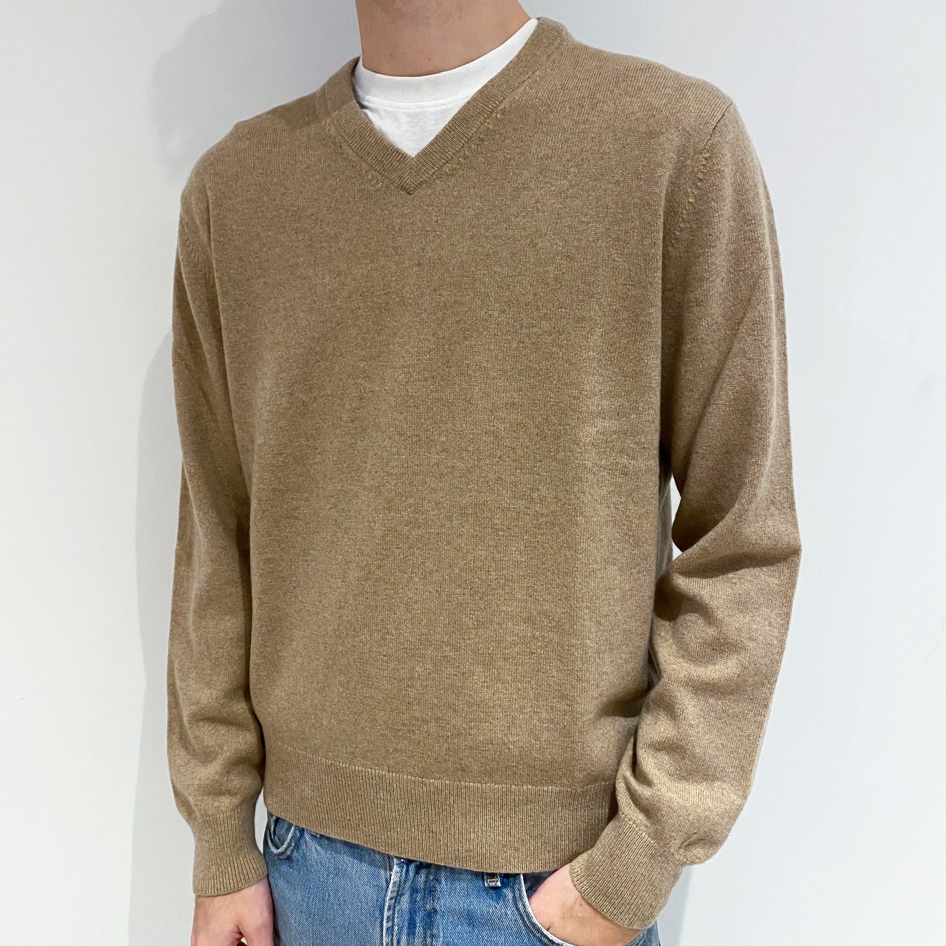 Men's Camel Brown Cashmere V-Neck Jumper Large