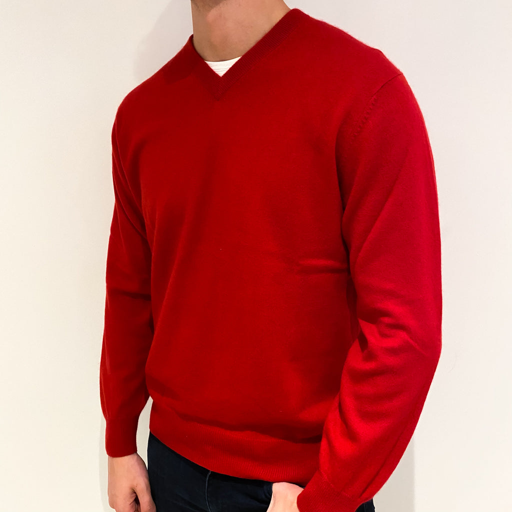 Men's Post Box Red Cashmere V-Neck Jumper Extra Large