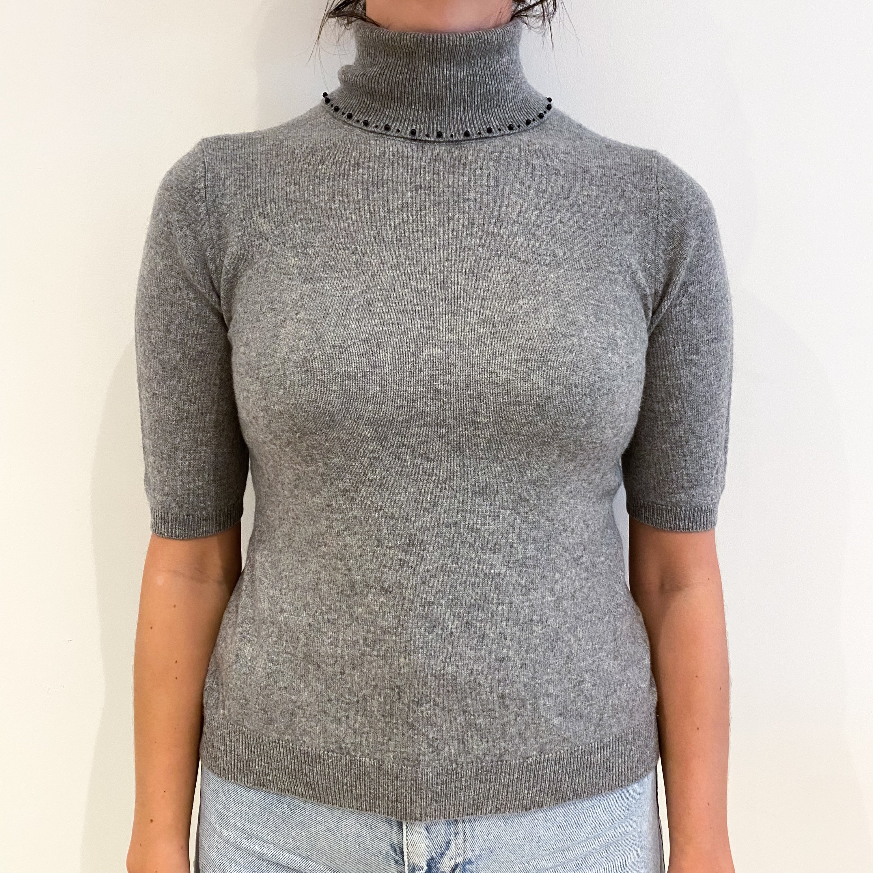 Smoke Grey With Beading Cashmere Polo Neck Short Sleeved Jumper Small