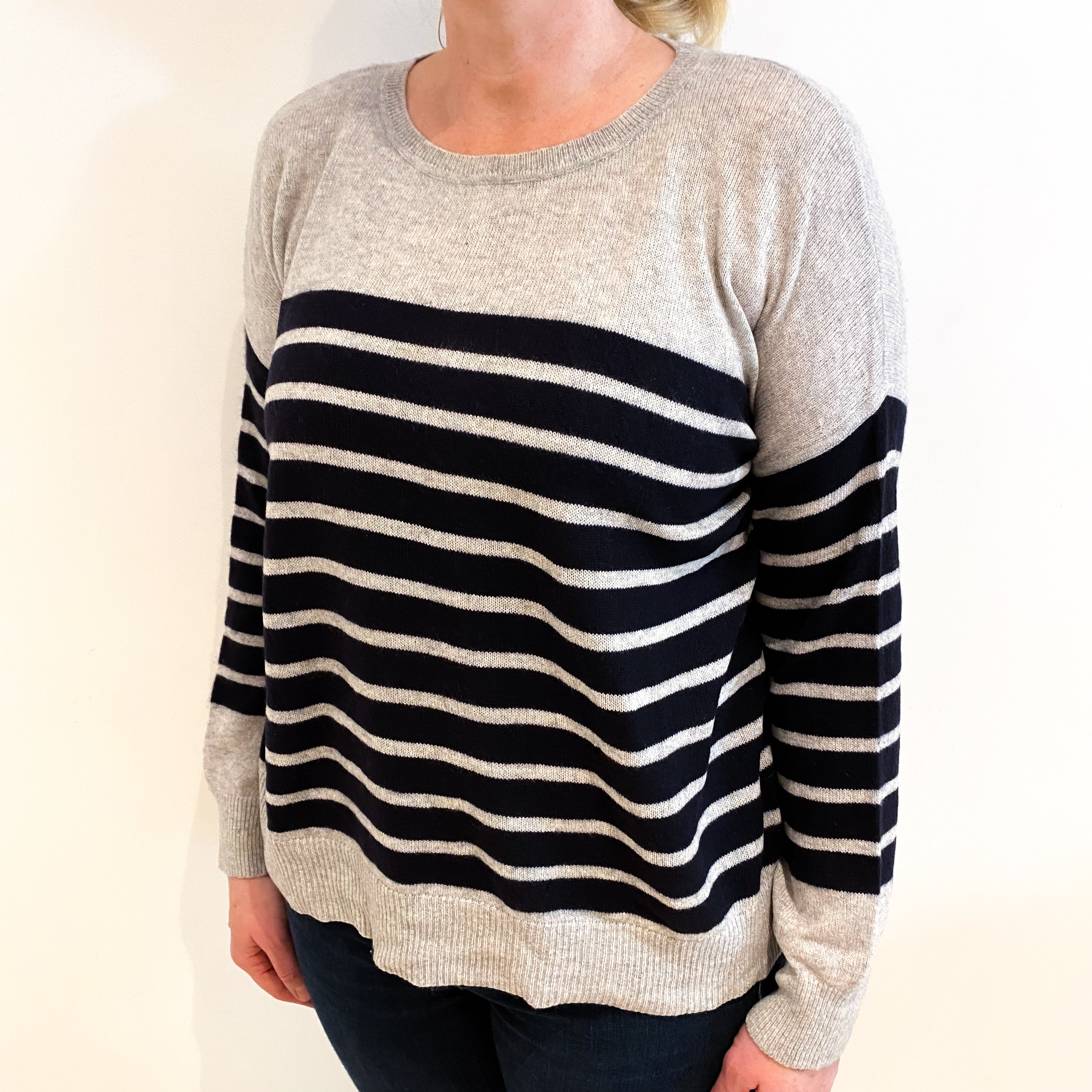 Grey and Navy Stripe Cashmere Crew Neck Jumper Large
