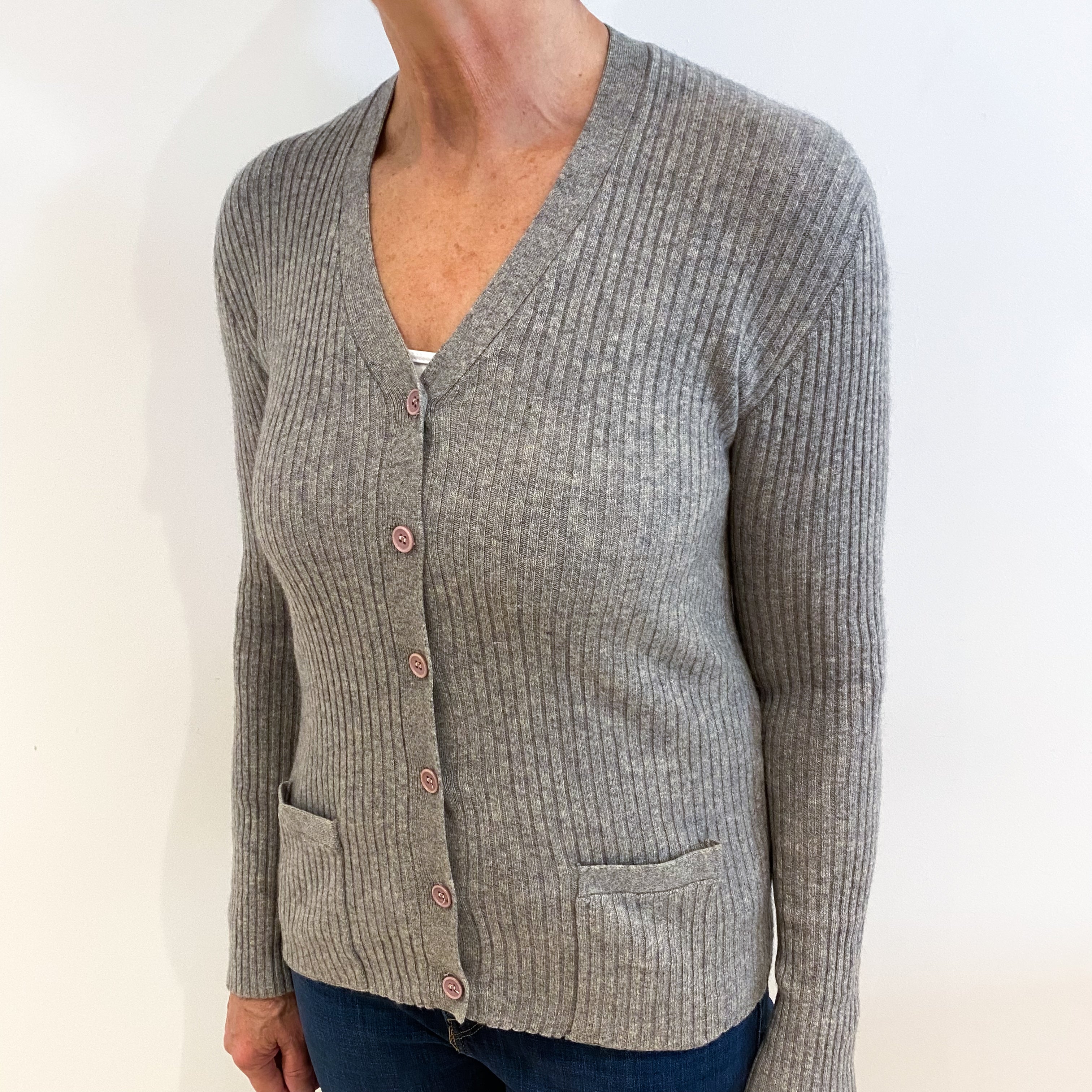 Smoke Grey Rib Cashmere V Neck Cardigan with Pockets Medium