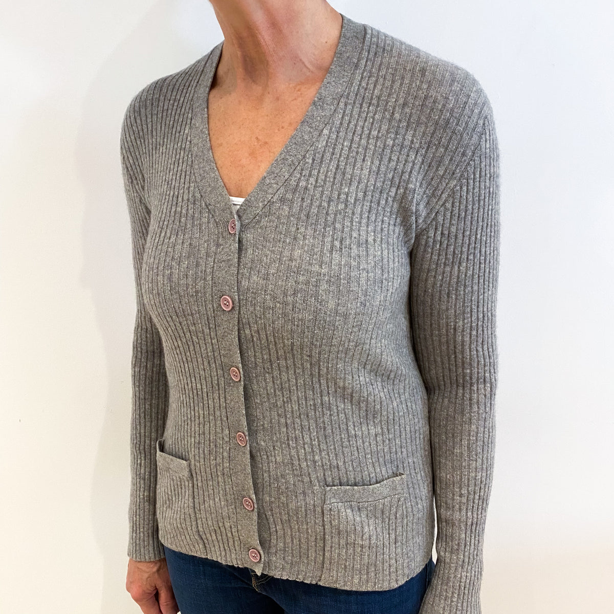 Smoke Grey Rib Cashmere V Neck Cardigan with Pockets Medium