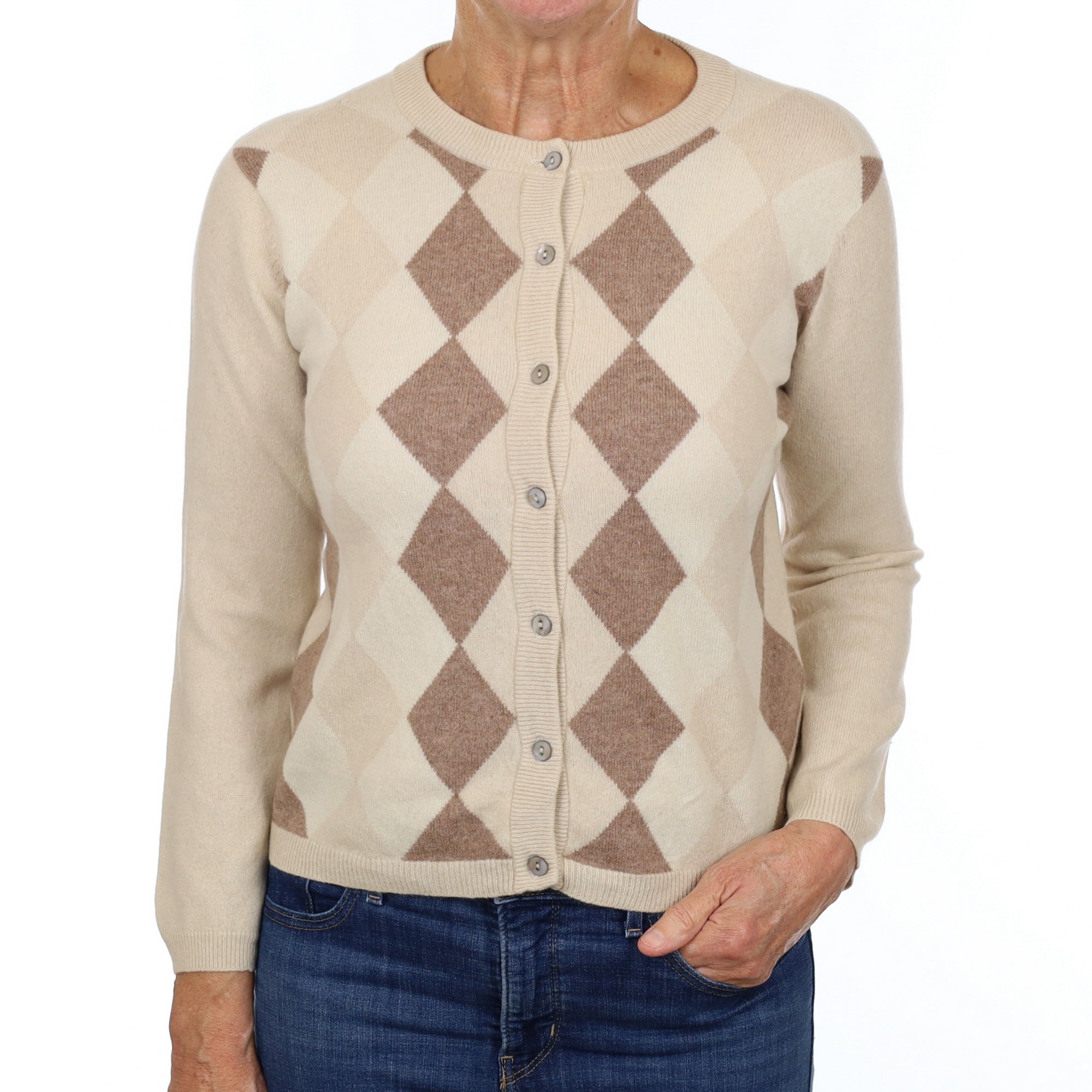 Sand Beige Argyle Cashmere Crew Neck Cardigan Medium