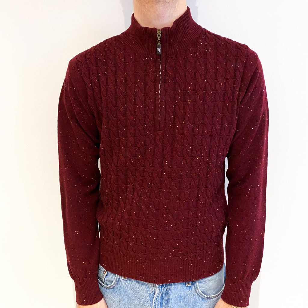 Men's Wine Red Marl Cashmere 3/4 Zip Turtle Neck Jumper Medium