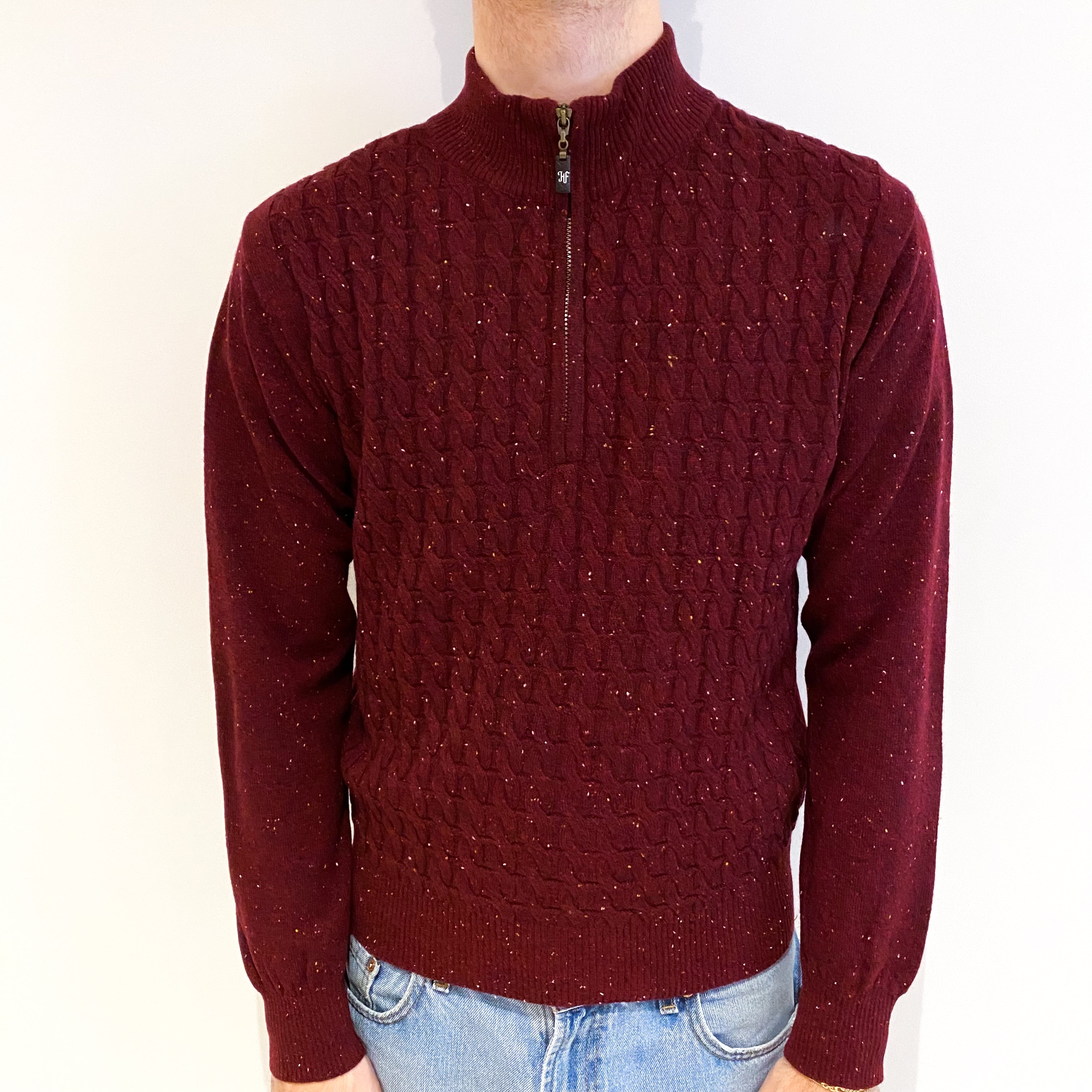 Men's Wine Red Marl Cashmere 3/4 Zip Turtle Neck Jumper Medium