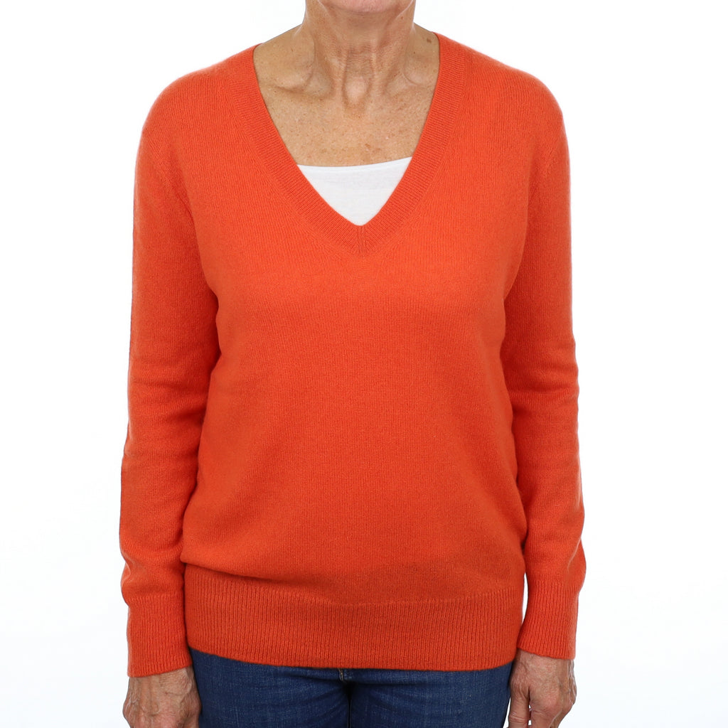Vince Tangerine Orange Cashmere V Neck Jumper Medium