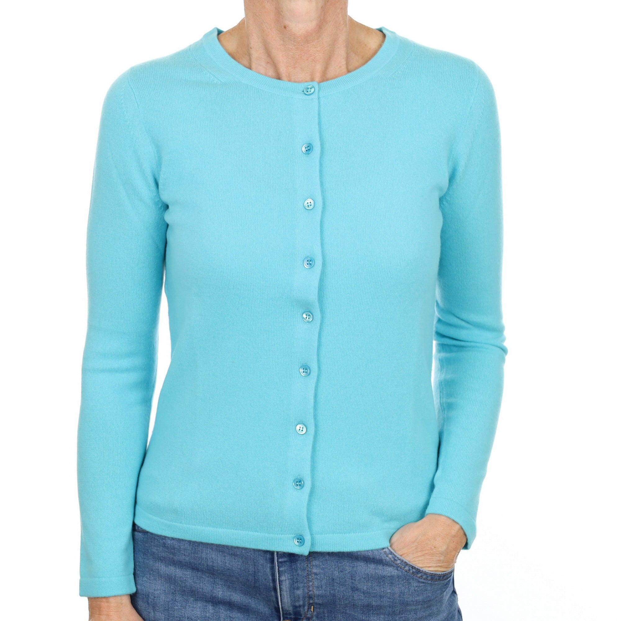 New Turquoise Blue Cashmere Crew Neck Cardigan Small