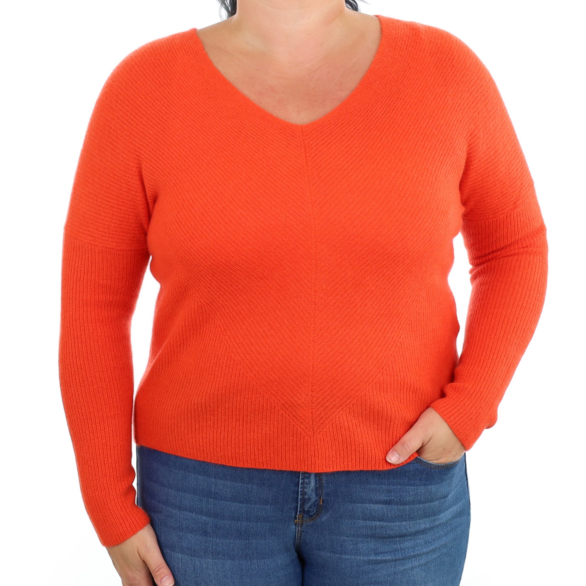 Maje Fiery Orange Rib Cashmere V Neck Jumper Large