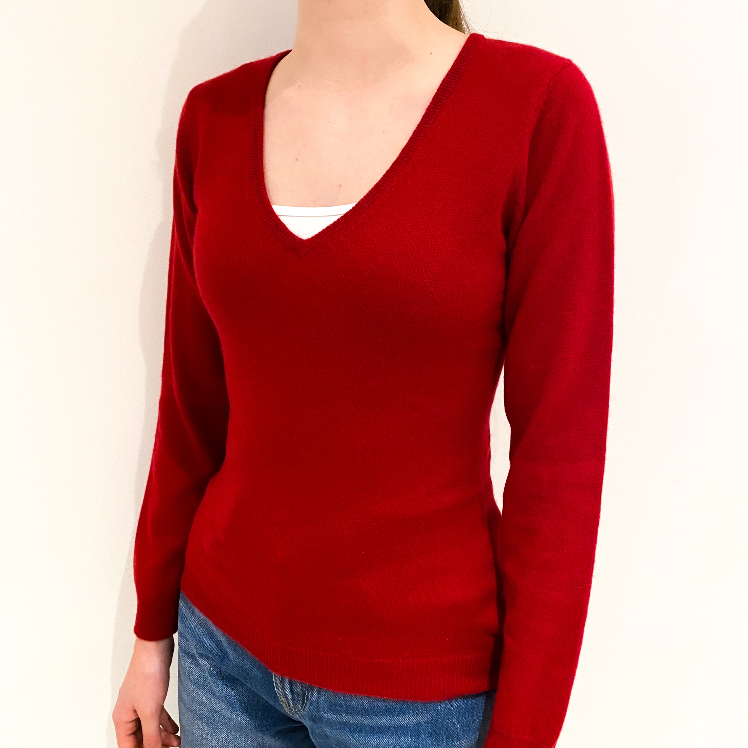 Crimson Red Cashmere V-Neck Jumper Extra Small