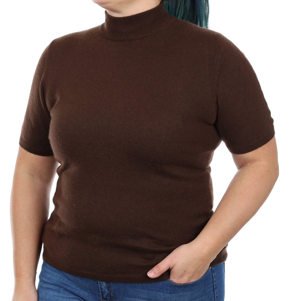 Chocolate Brown Cashmere Short Sleeve Turtle Neck Jumper Large