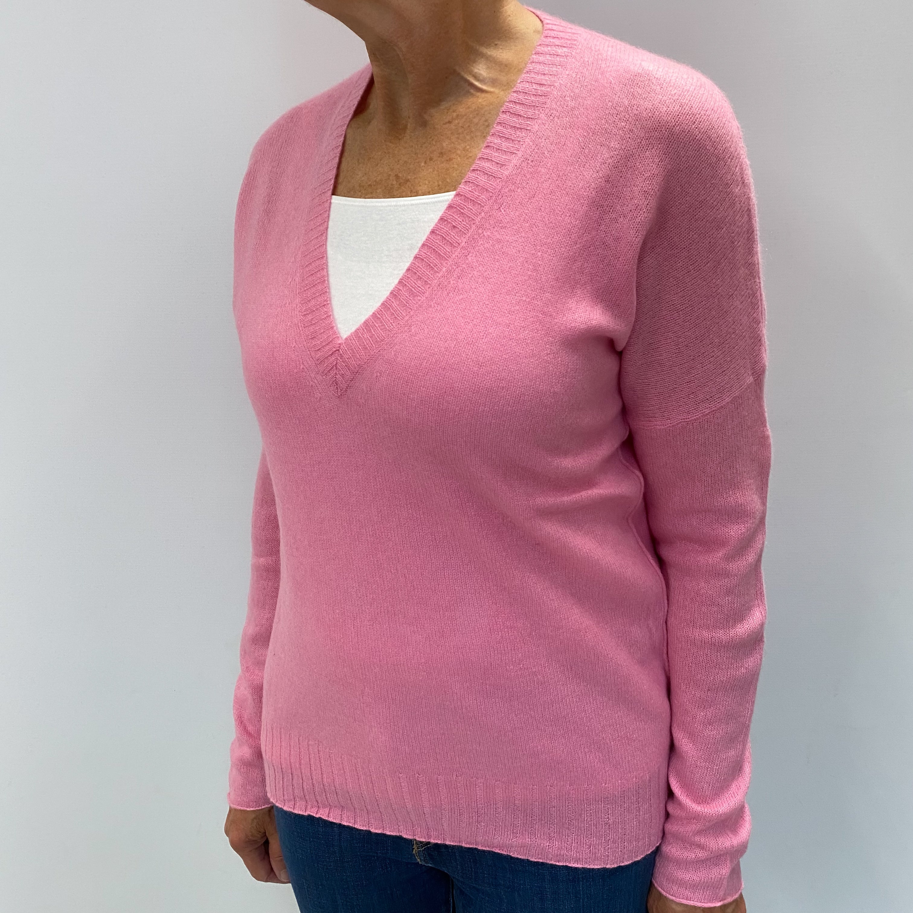 Bubblegum Pink Cashmere Batwing V Neck Jumper Medium