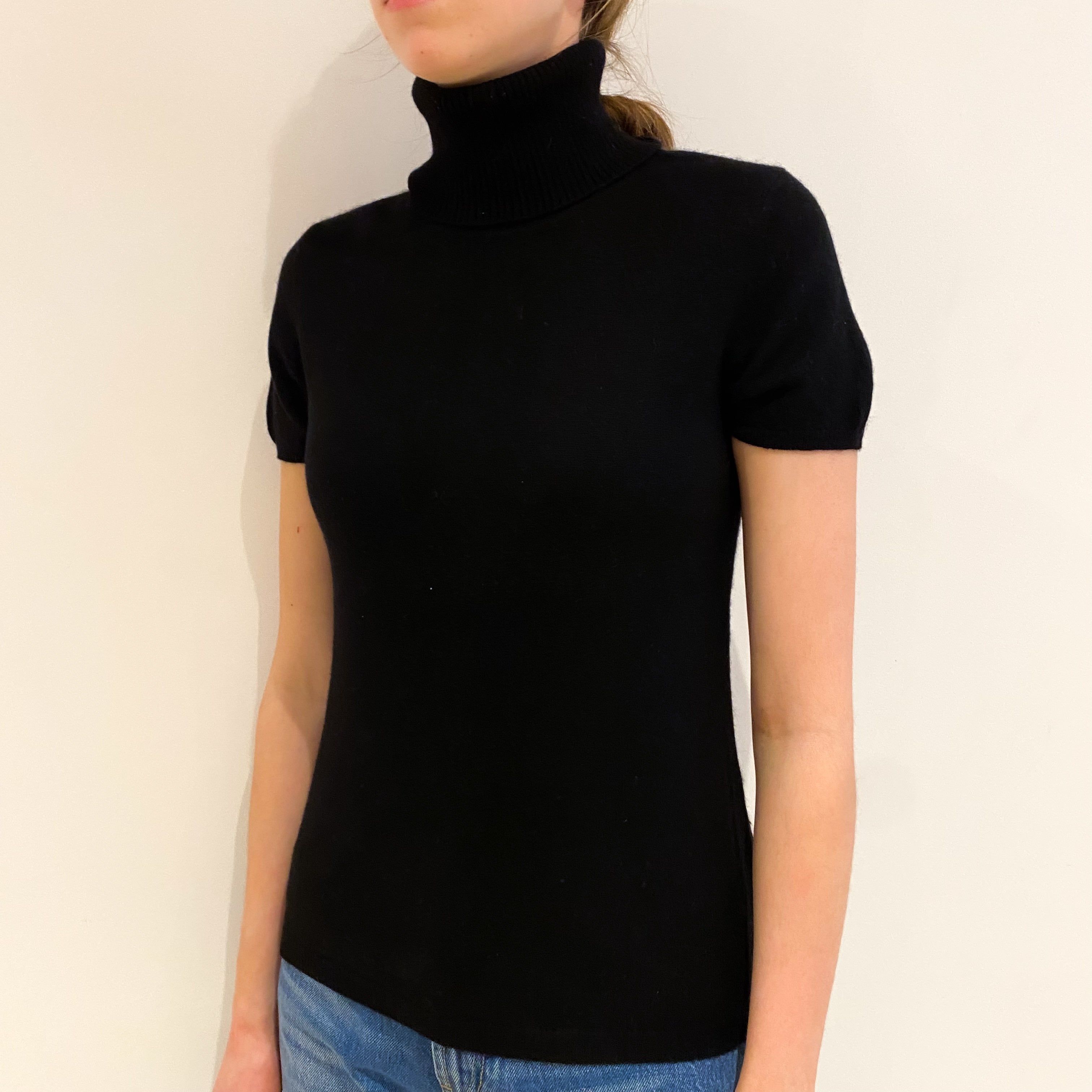 Black Cashmere Short Sleeved Polo Neck Jumper Extra Small