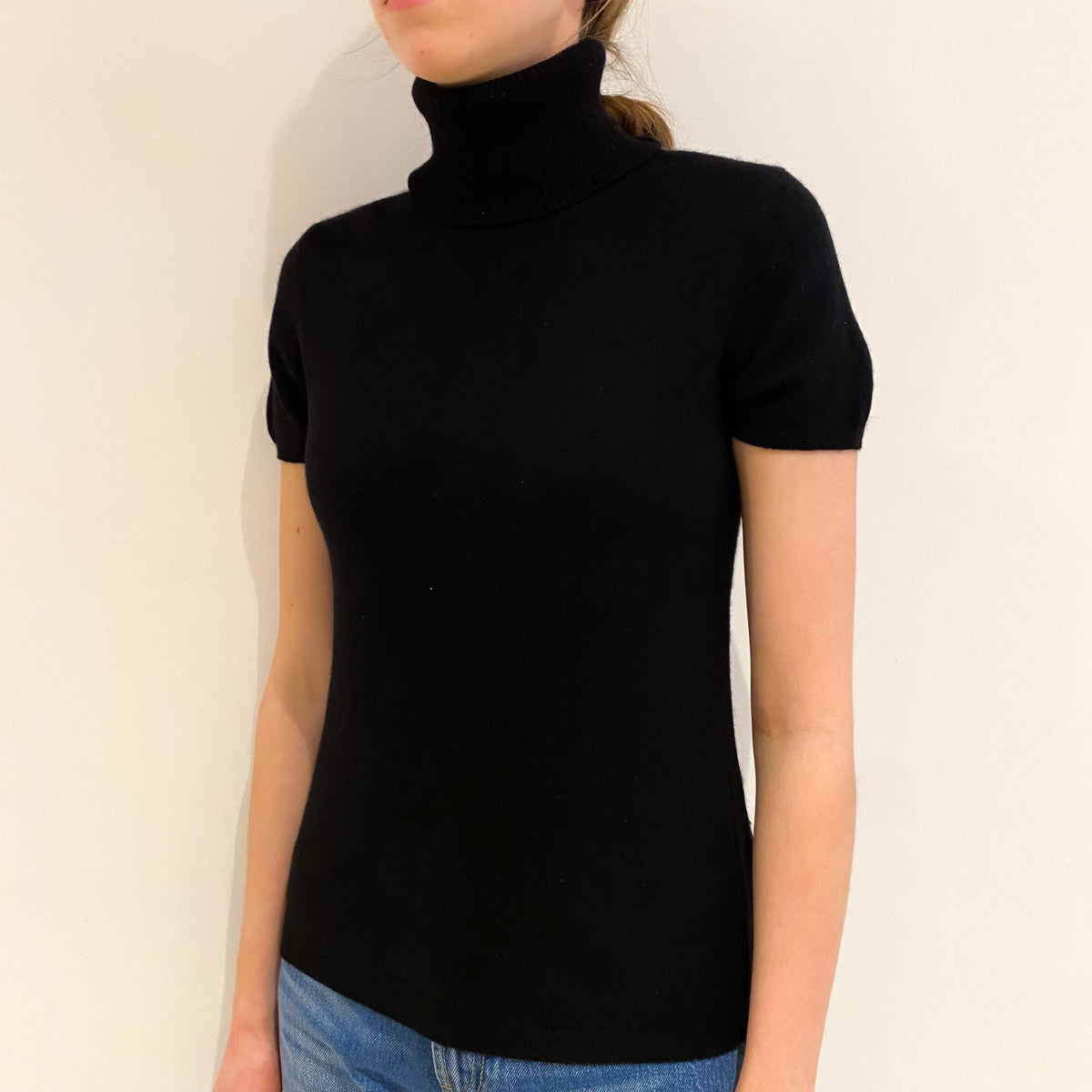 Black Cashmere Short Sleeved Polo Neck Jumper Extra Small