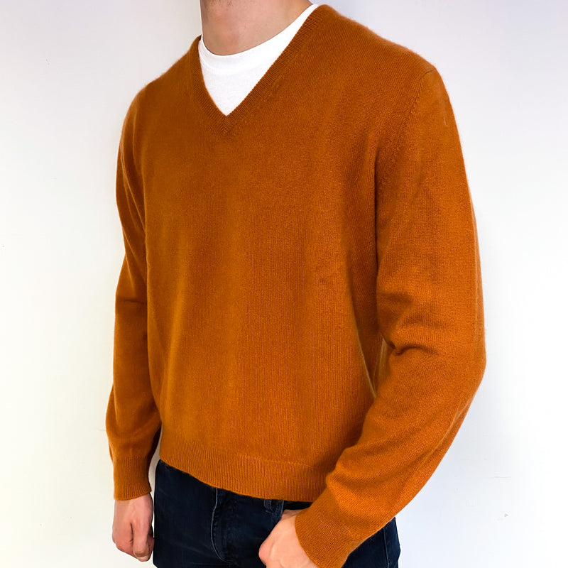 Men's Gingerbread Orange Cashmere V-Neck Jumper Extra Extra Large