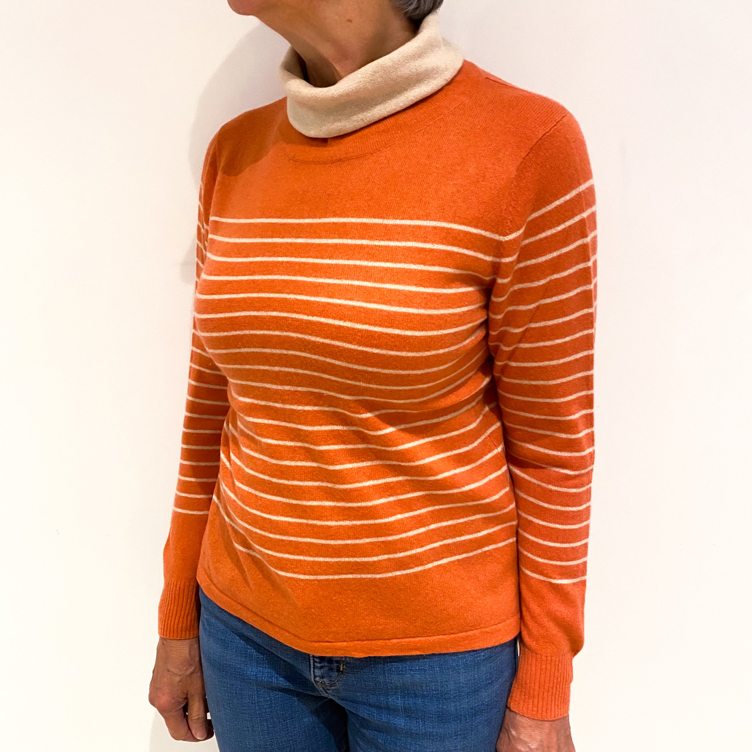 Coral And Cream Stripe Cashmere Cowl Neck Jumper Medium