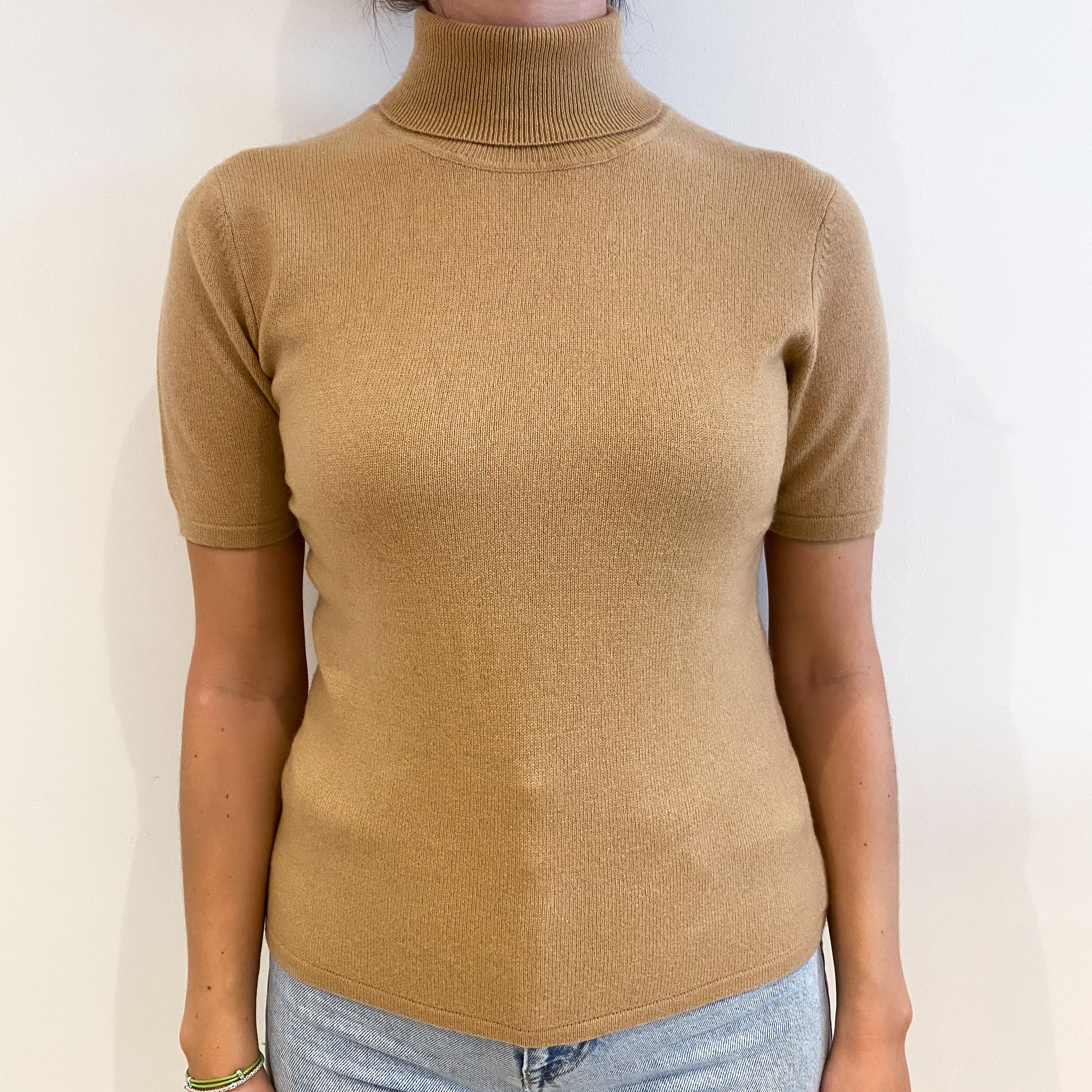 Camel Brown Cashmere Polo Neck Short Sleeved Jumper Small