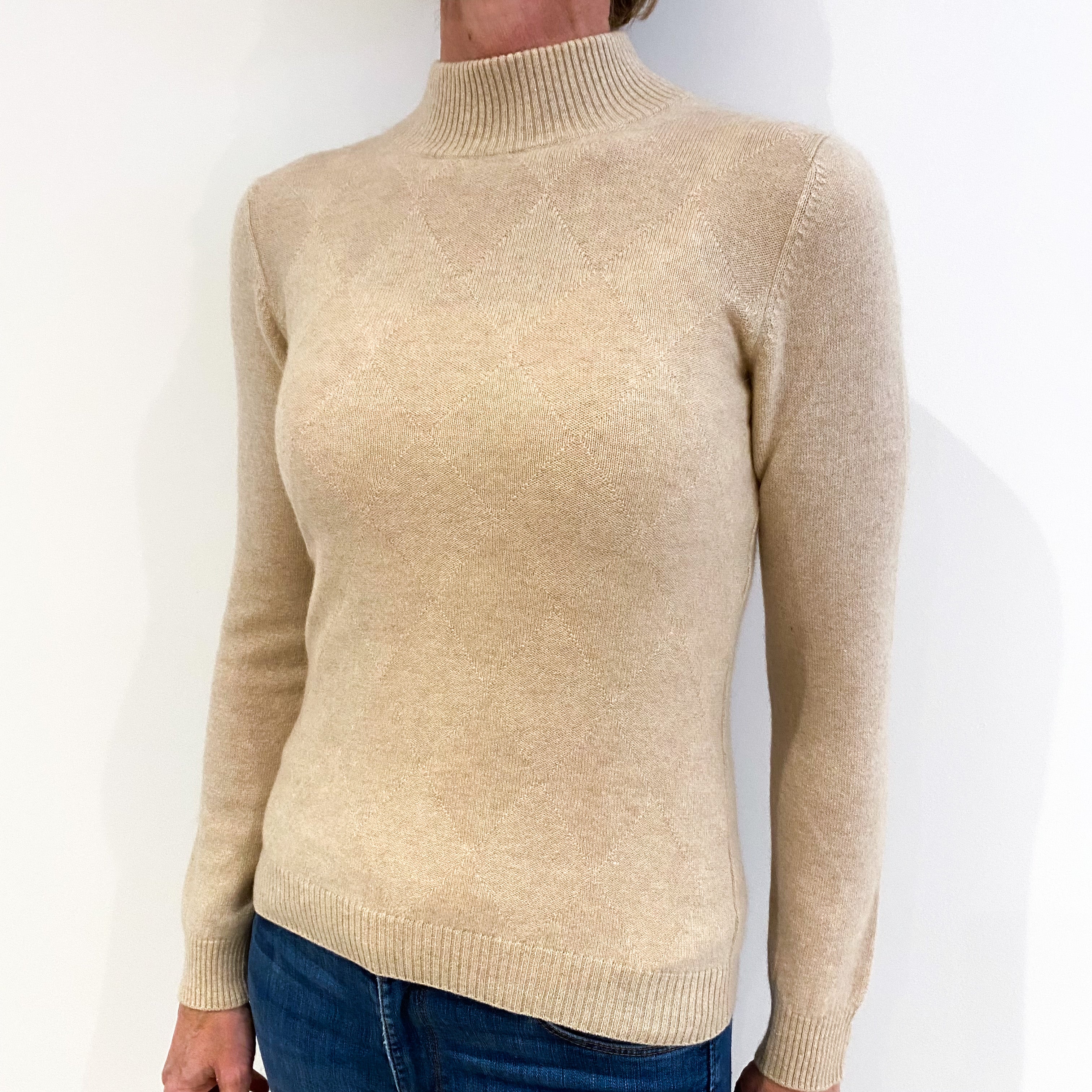Sand Beige Diamond Pattern Detail Cashmere Polo Neck Jumper Small
