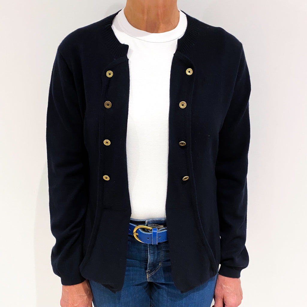 Dark Navy Cashmere Buttoned Edge to Edge Cardigan Medium