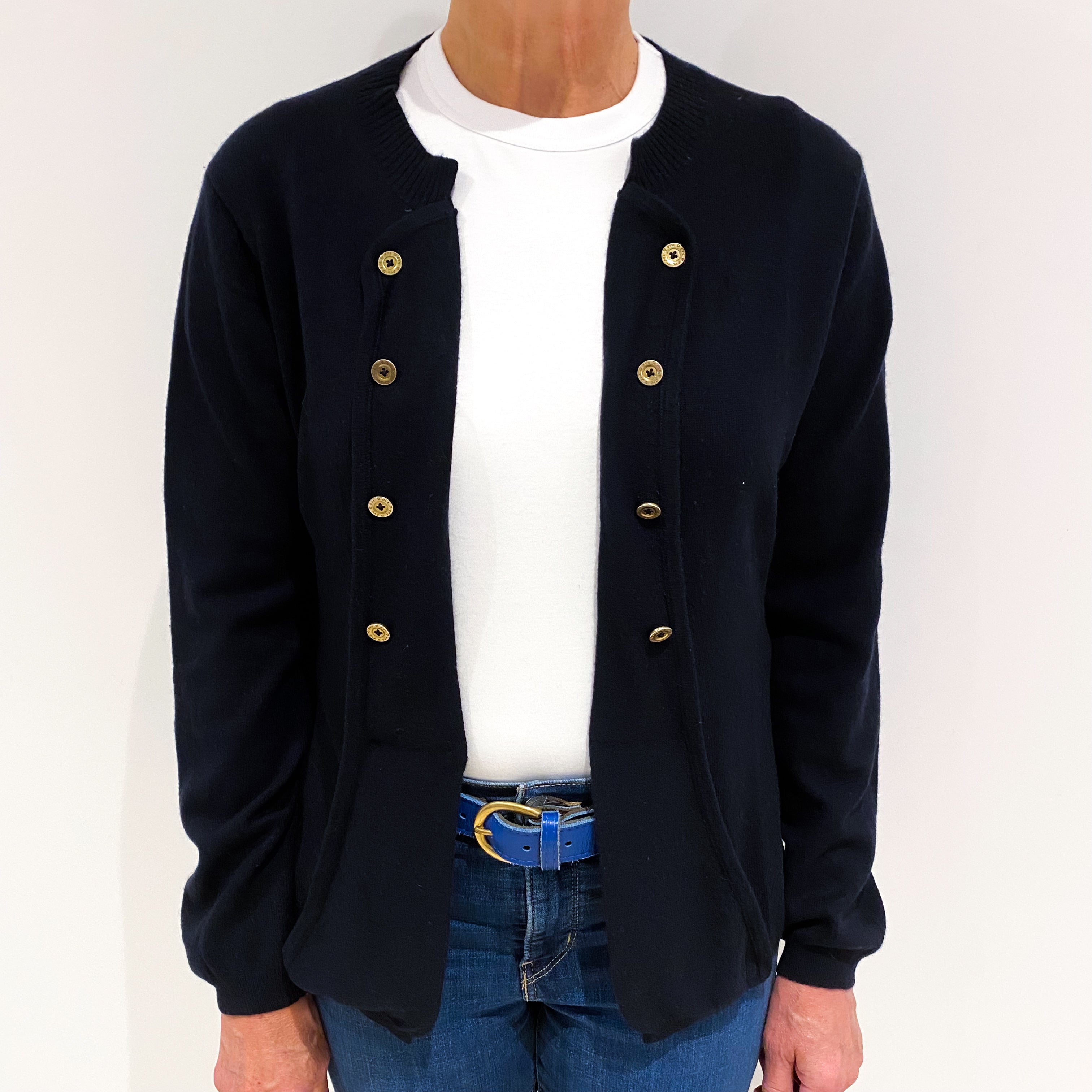 Dark Navy Cashmere Buttoned Edge to Edge Cardigan Medium