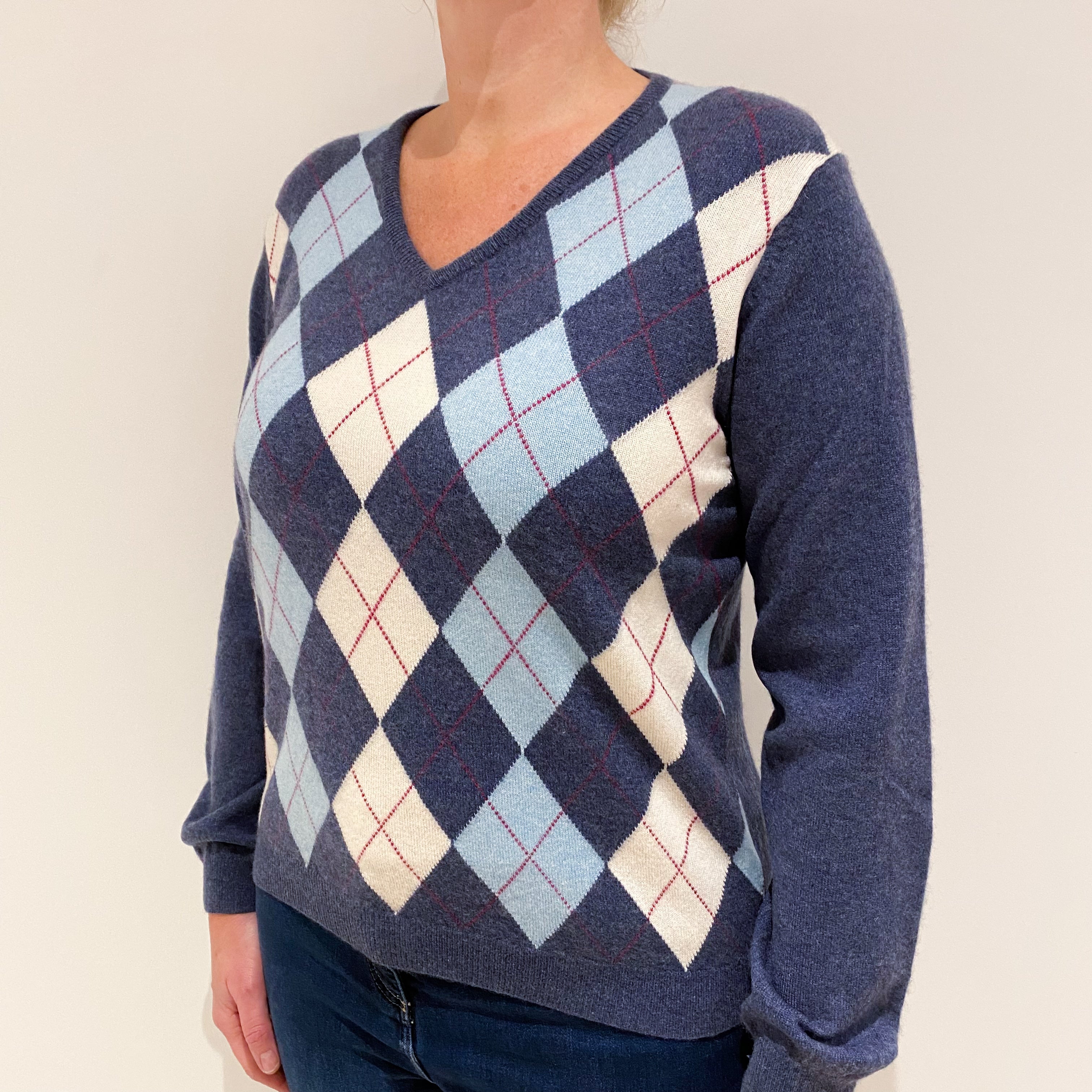 Denim Blue Cashmere V-Neck Jumper Large