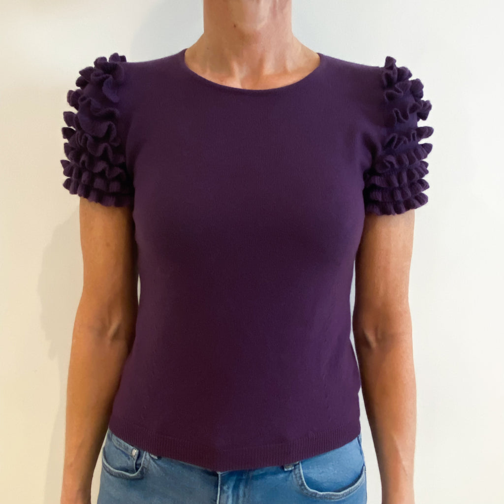 Grape Purple Cashmere Short Ruffle Sleeve Crew Neck Jumper Small