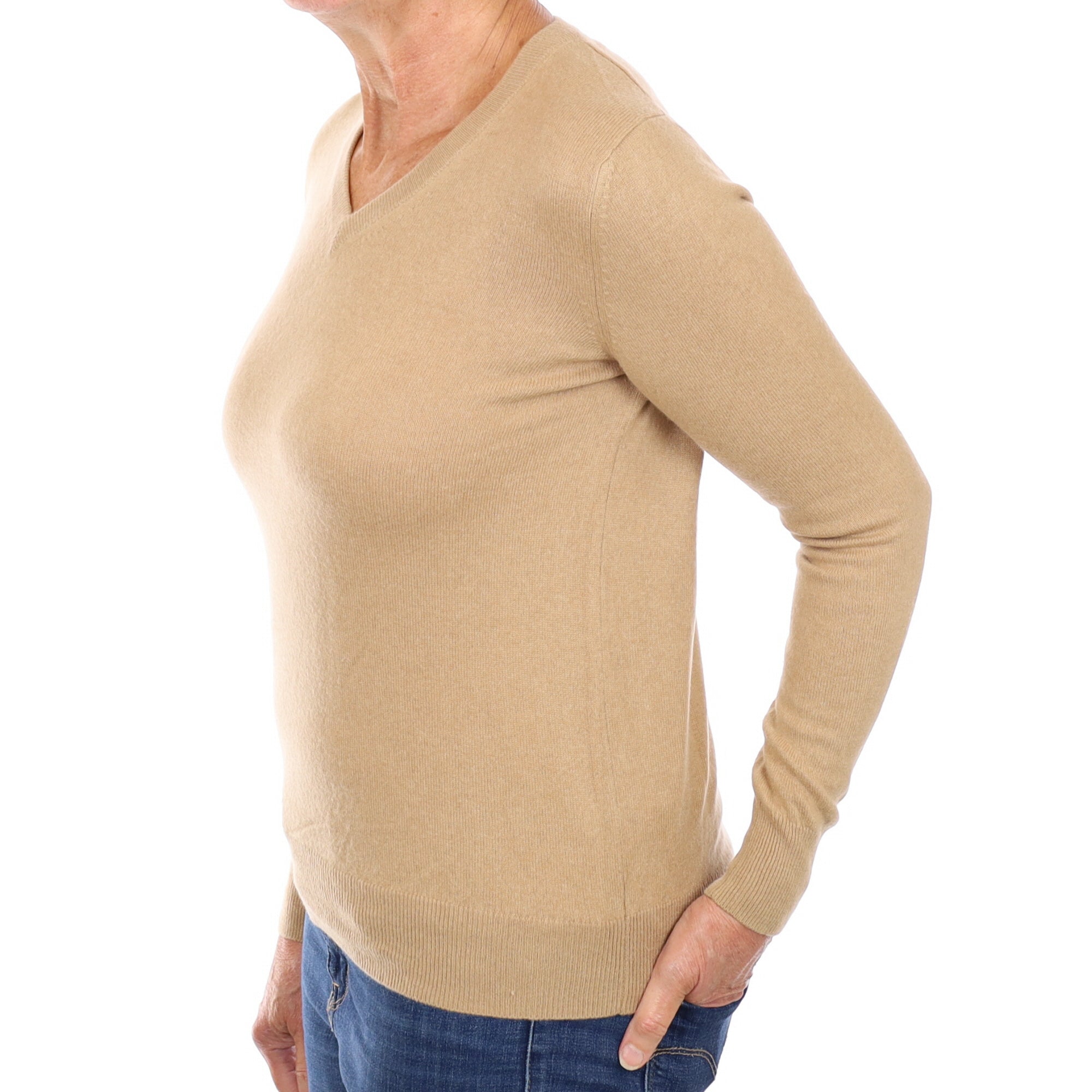Caramel Brown Cashmere V Neck Jumper Medium